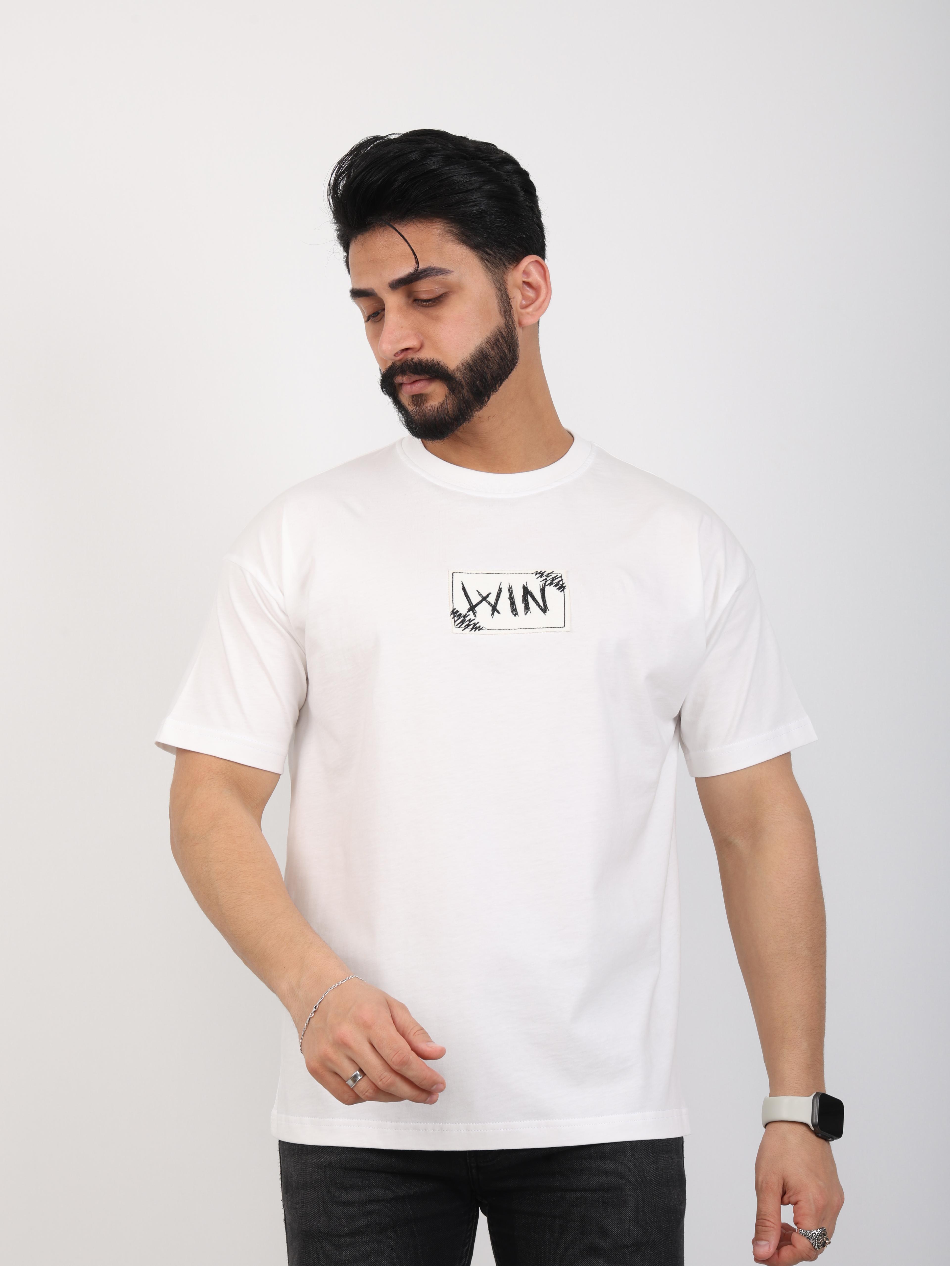 Erkek Bisiklet Yaka Baskılı Oversize Tişört - Beyaz