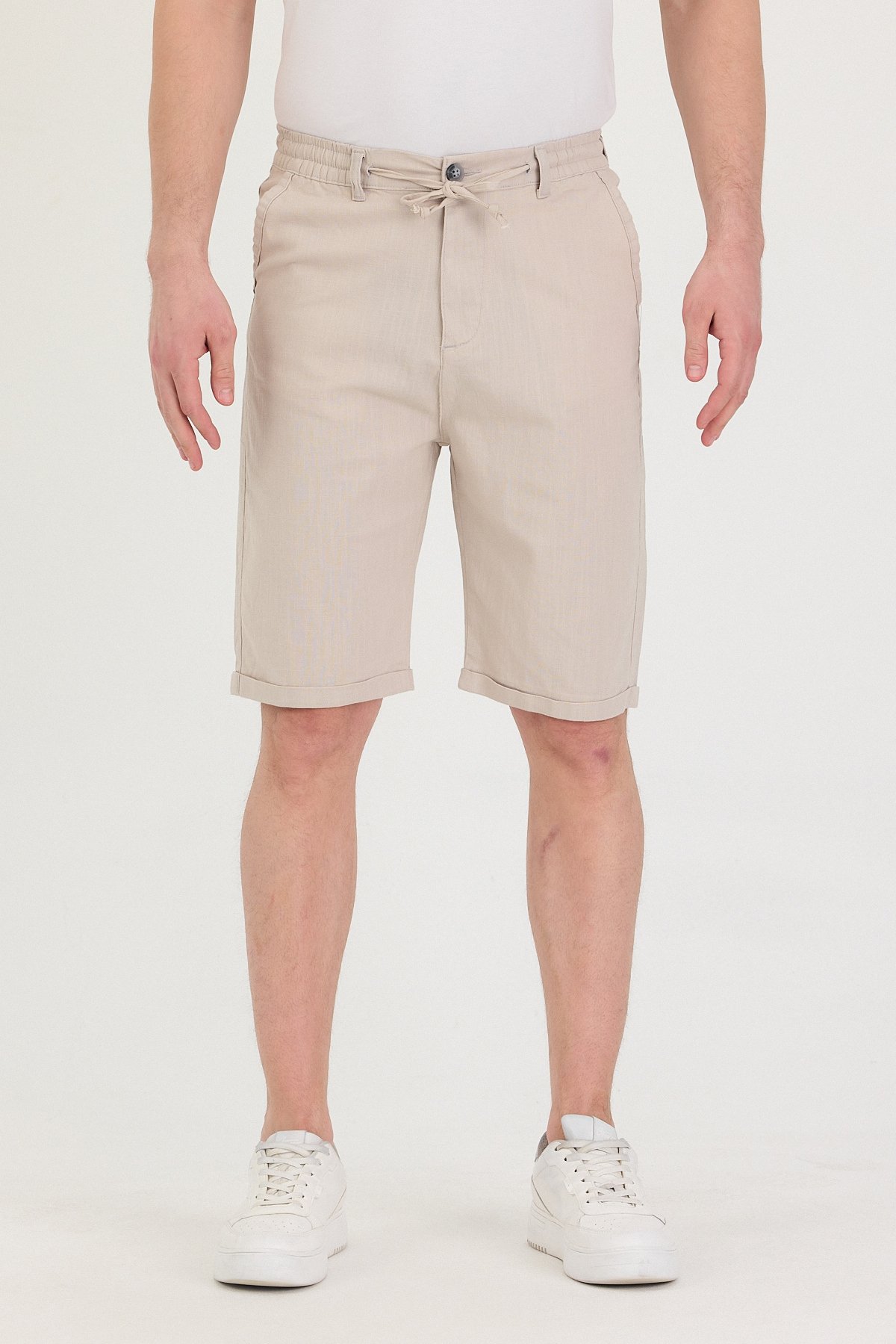 Erkek Slim Fit Keten Chino Şort - Taş