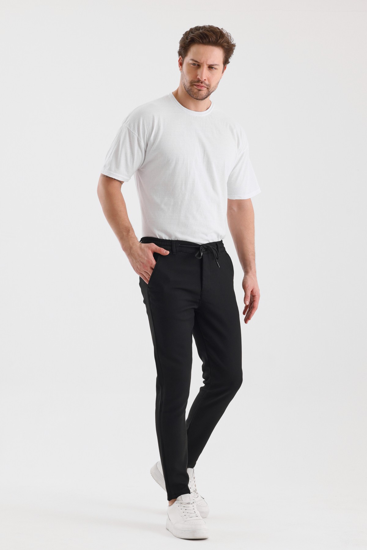 Fitilli Kumaş Beli Lastikli Erkek Chino Pantolon - Siyah