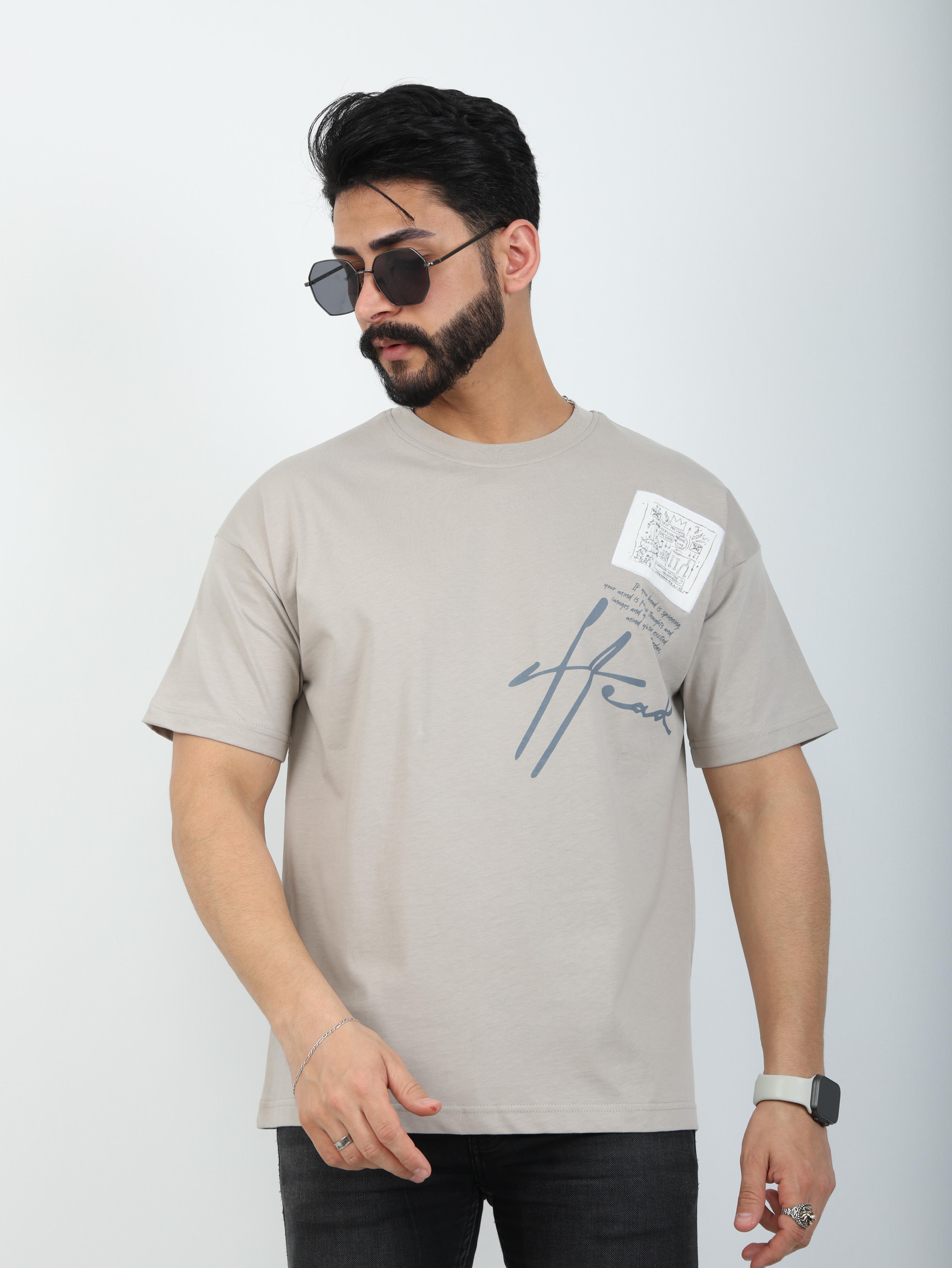 Erkek Bisiklet Yaka Baskılı Nakışlı Oversize Tişört - Bej