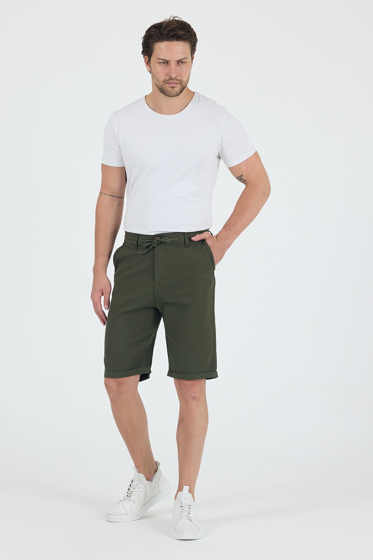 Erkek Slim Fit Keten Chino Şort - Haki