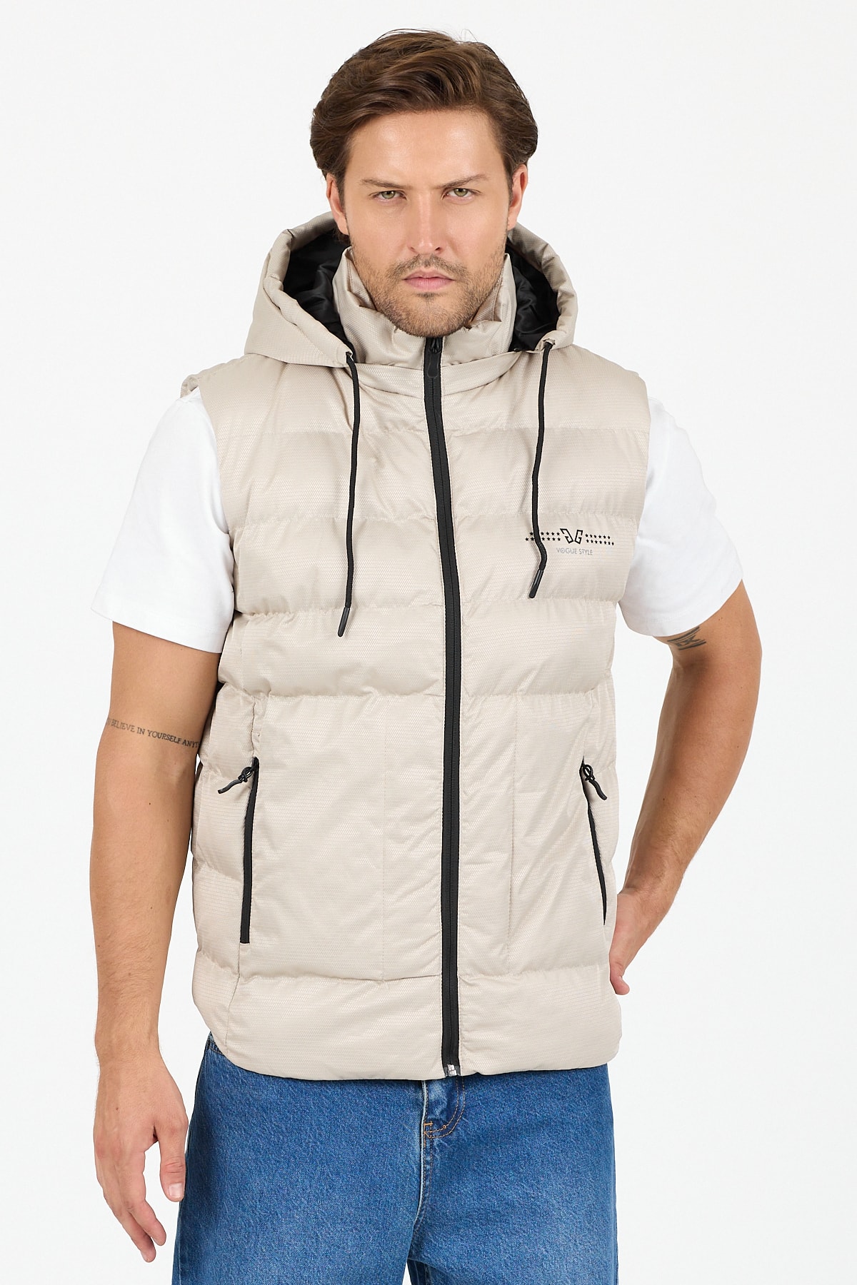 Çıkarılabilir Kapüşonlu Erkek Şişme Yelek Regular Fit / Normal Kesim - B8165 - Taş