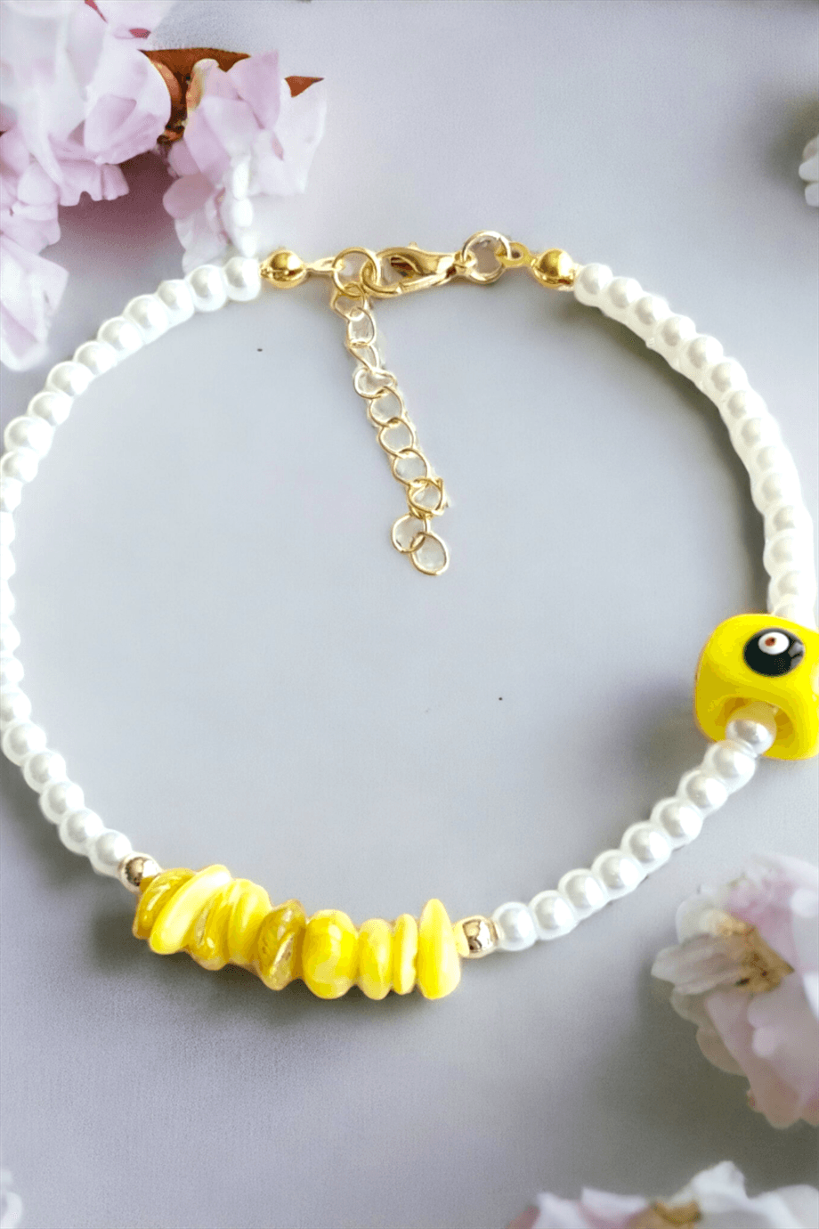Yellow Nazar Bead Crushed Natural Stone Anklet
