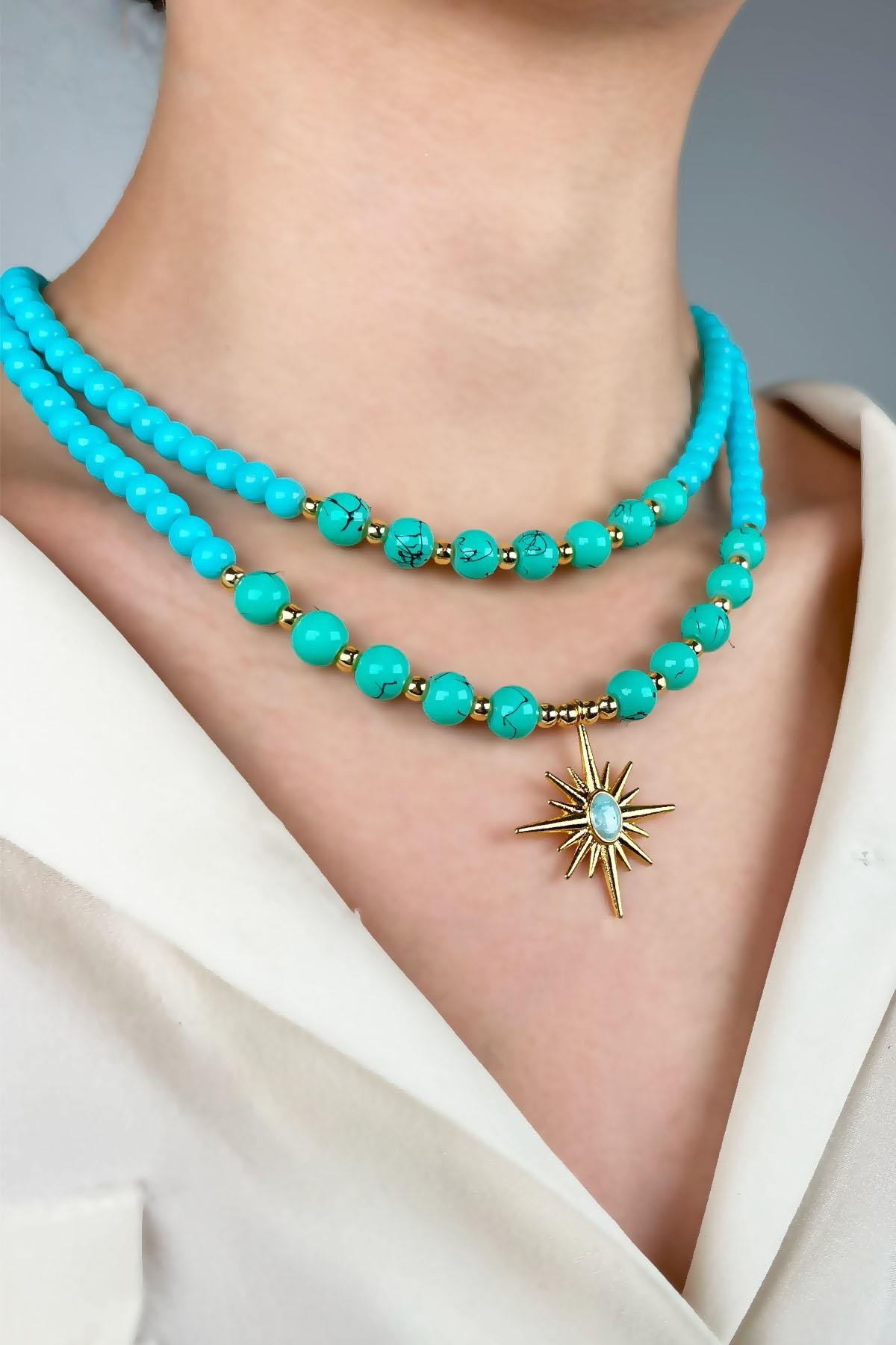 Northern Star Winged Double Row Pearl Necklace - Turquoise