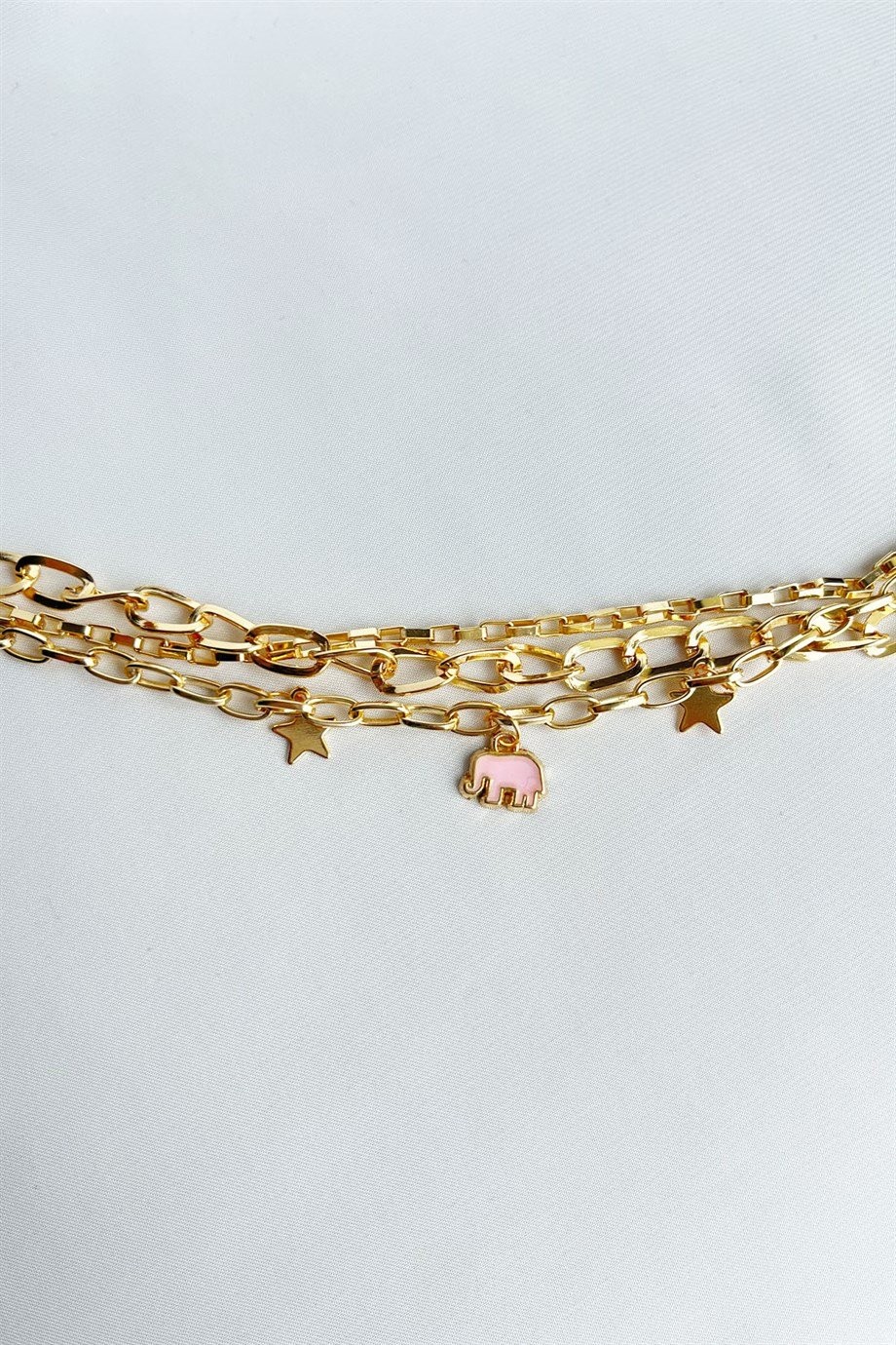 Pink Elephant Detail Triple Gold Bracelet