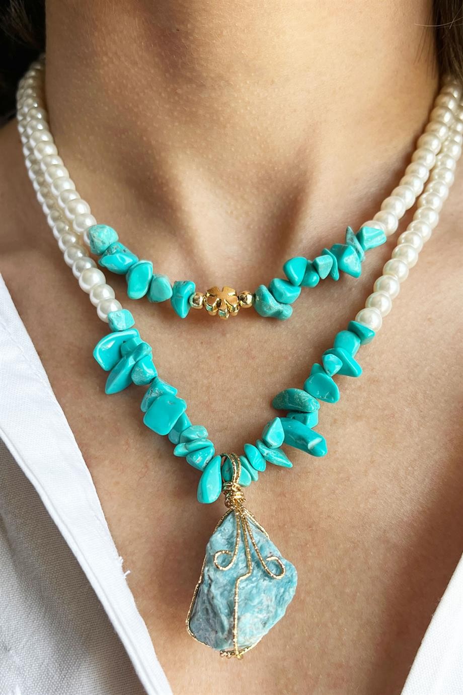 Larimar Doğal Taşlı ve Turkuaz Kırık Taşlı İkili İnci Kolye
