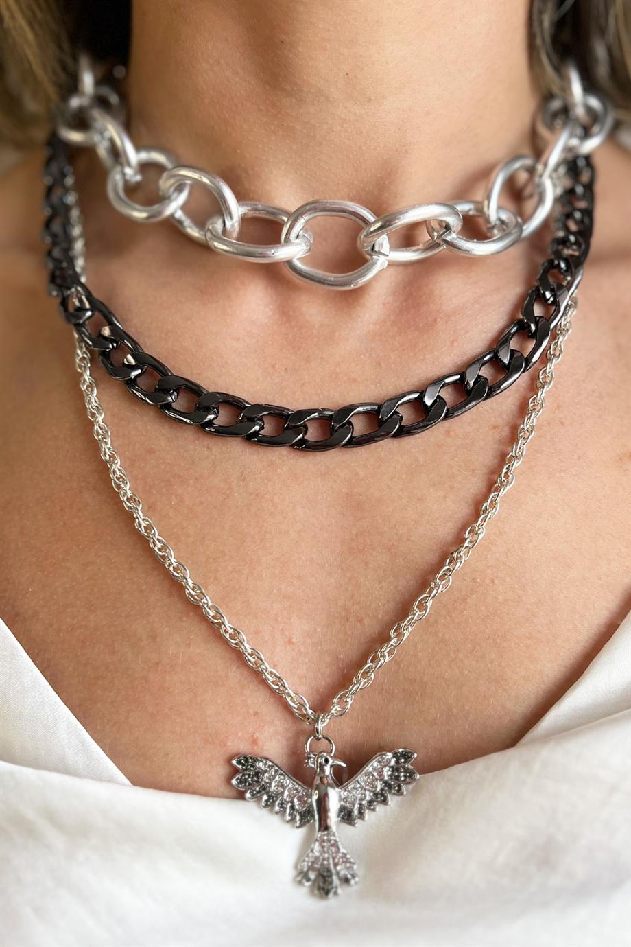 Gri Anka Detaylı Çoklu Zincir Kolye