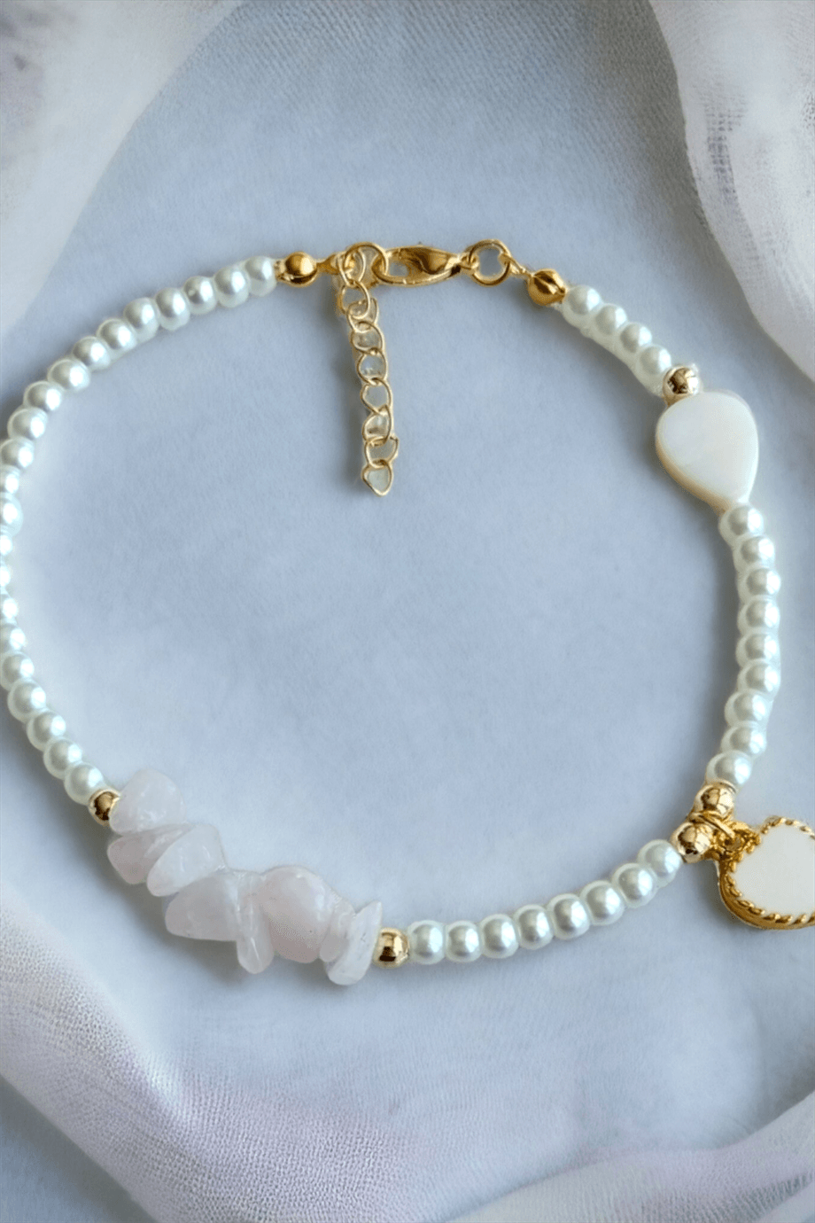 White Heart Detail Broken Natural Stone Anklet