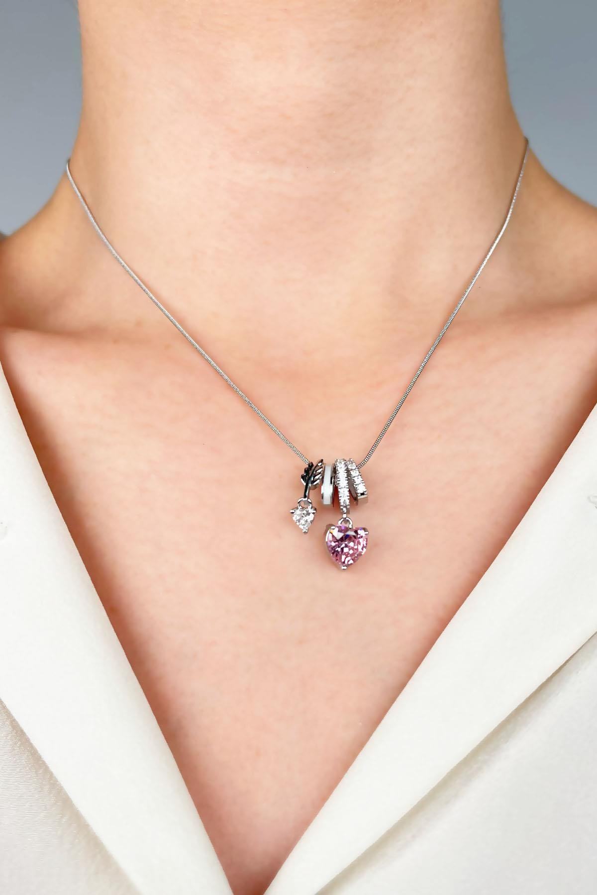 Pembe Kalp Uçlu Charm Çelik Kolye - Gümüş