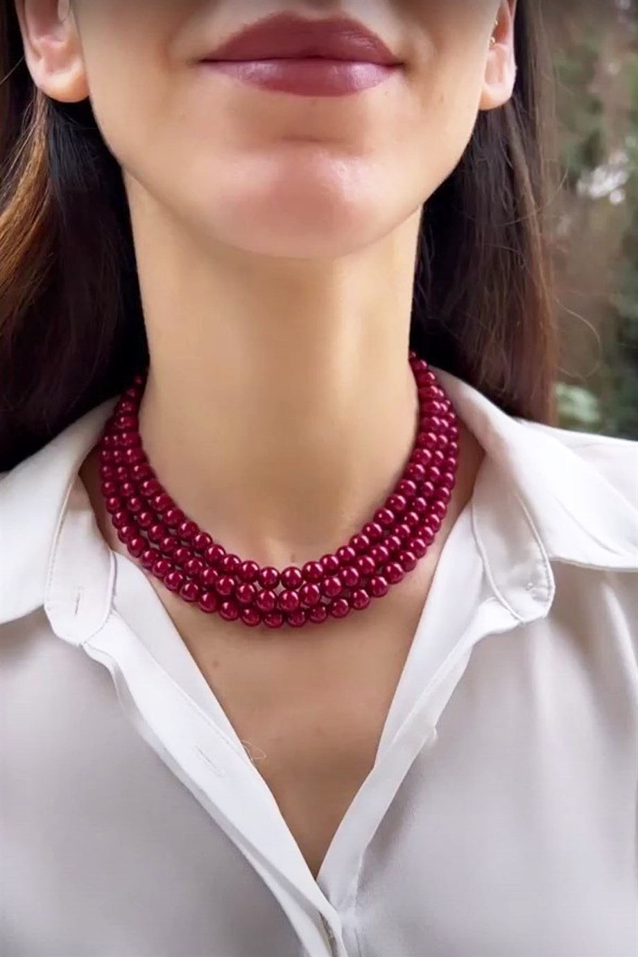 Bordo Üç Sıra İnci Kolye