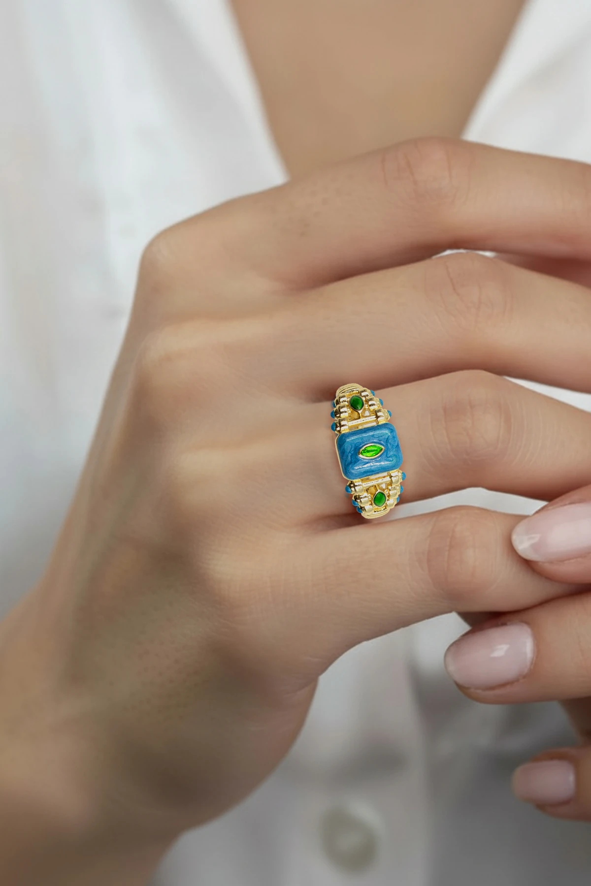 Mavi Mineli Renkli Gold Yüzük | Ayarlanabilir, Şık ve Anti Alerjik Tasarım