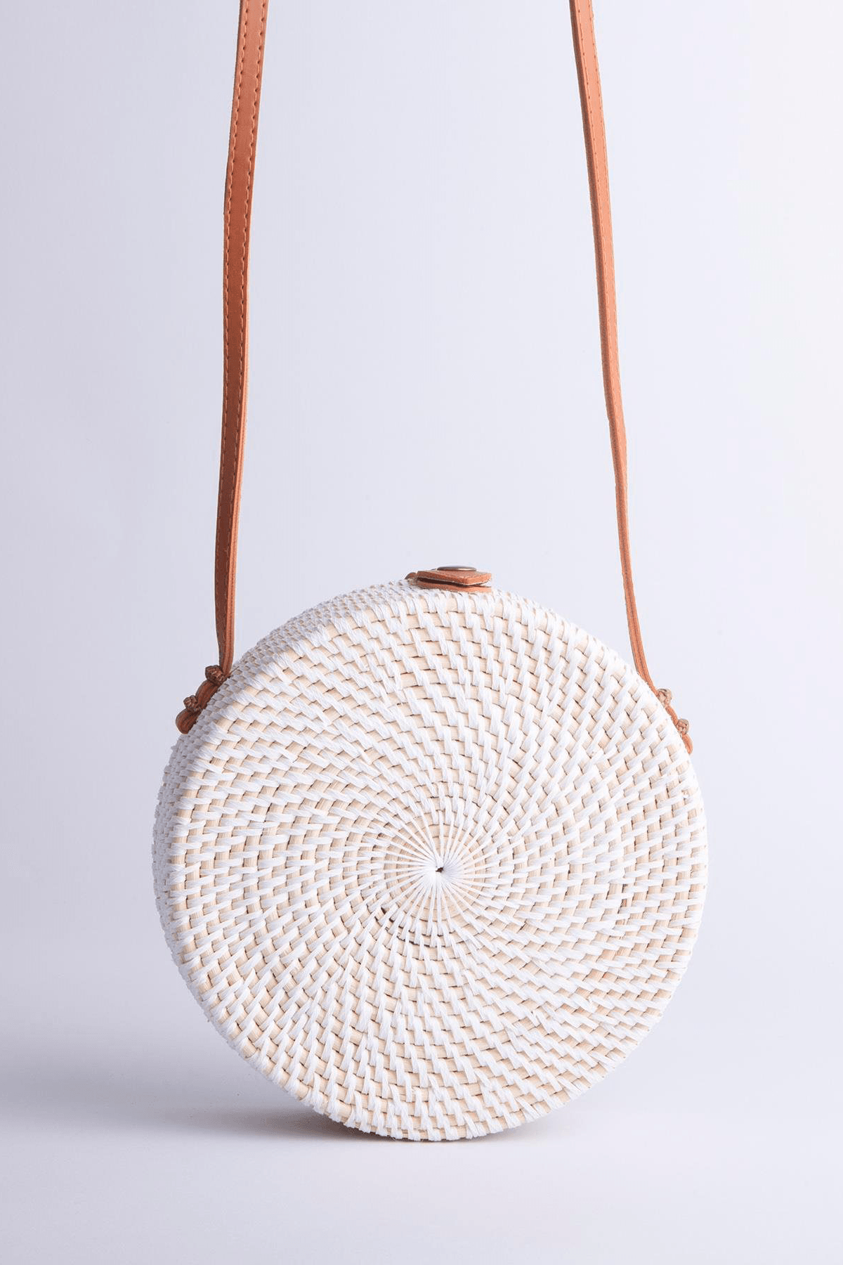 Nas Bag Women’s Round Genuine Straw Bag with Leather Strap Detail - White