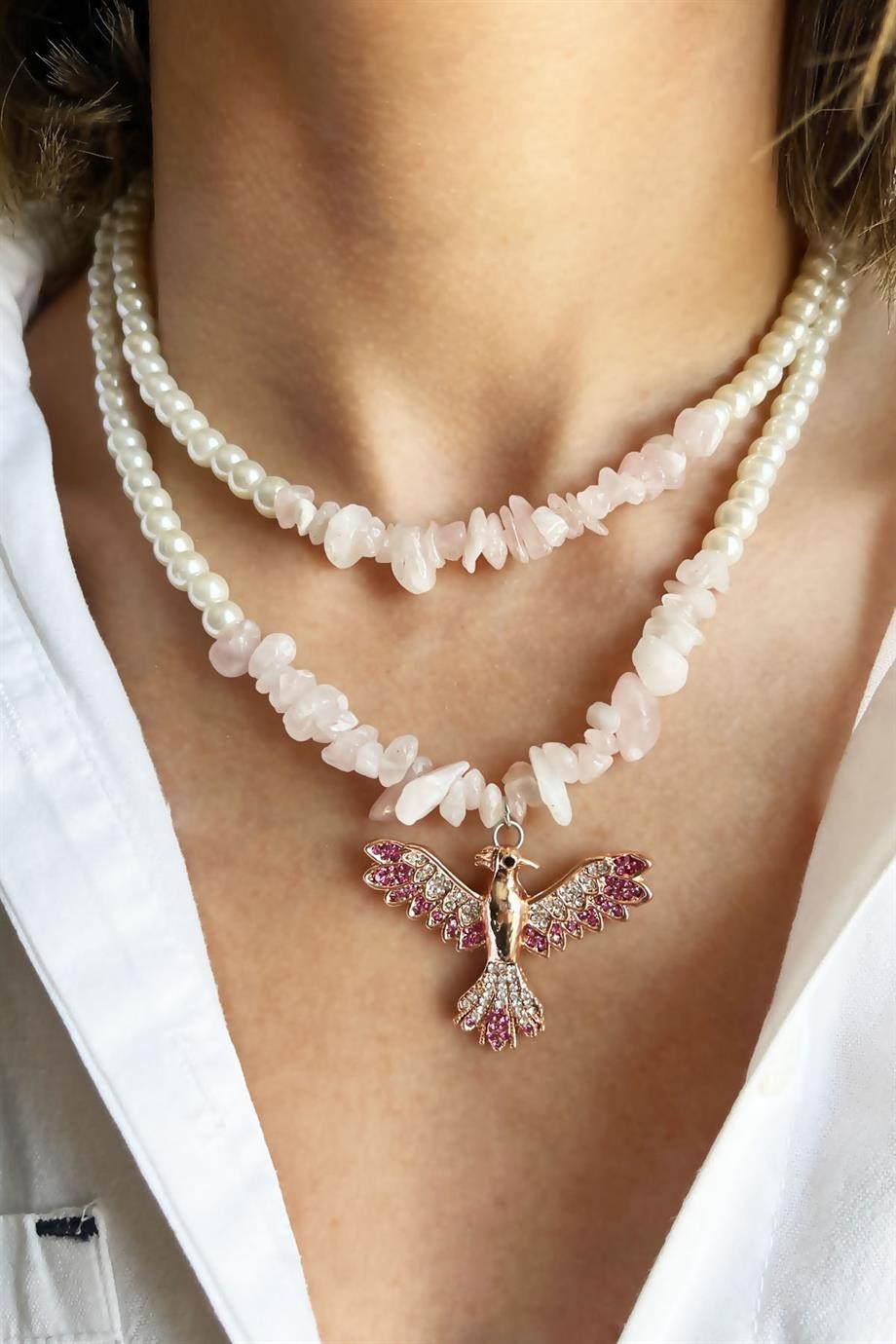 Broken Natural Stone Fuchsia Phoenix Detailed Pearl Necklace