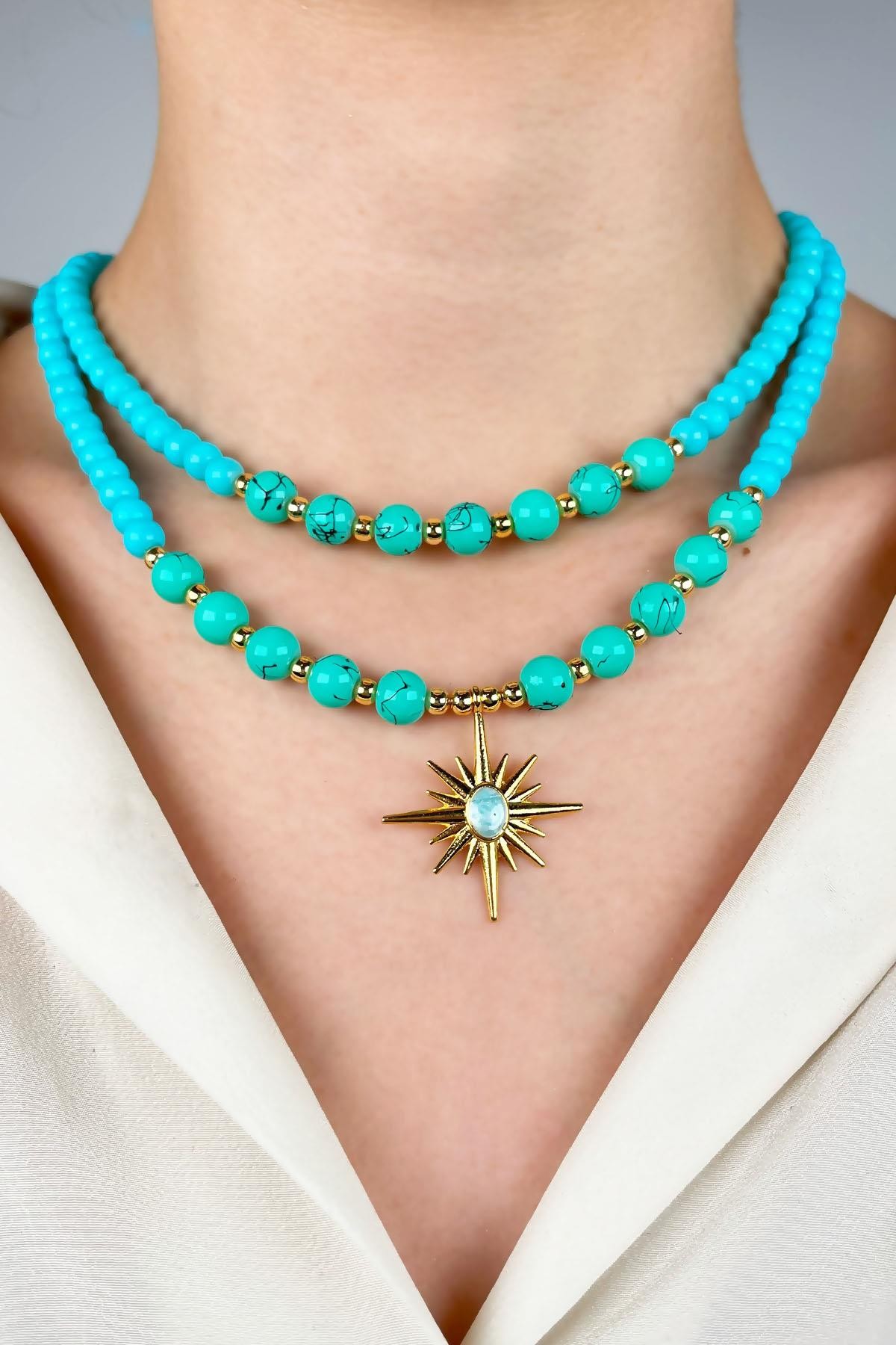 Northern Star Winged Double Row Pearl Necklace - Turquoise
