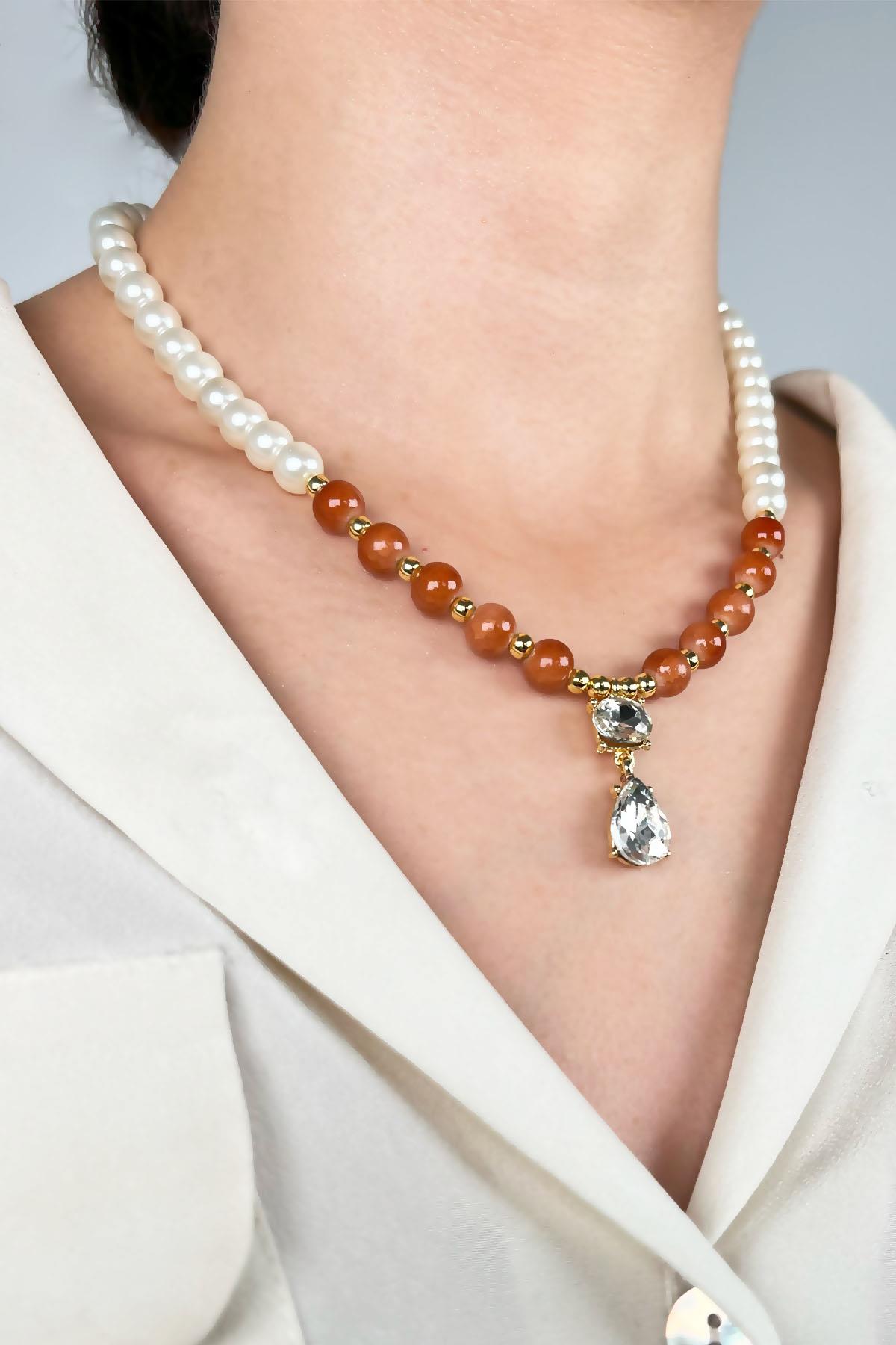Crystal Stone Winged Pearl and Bead Necklace - Orange