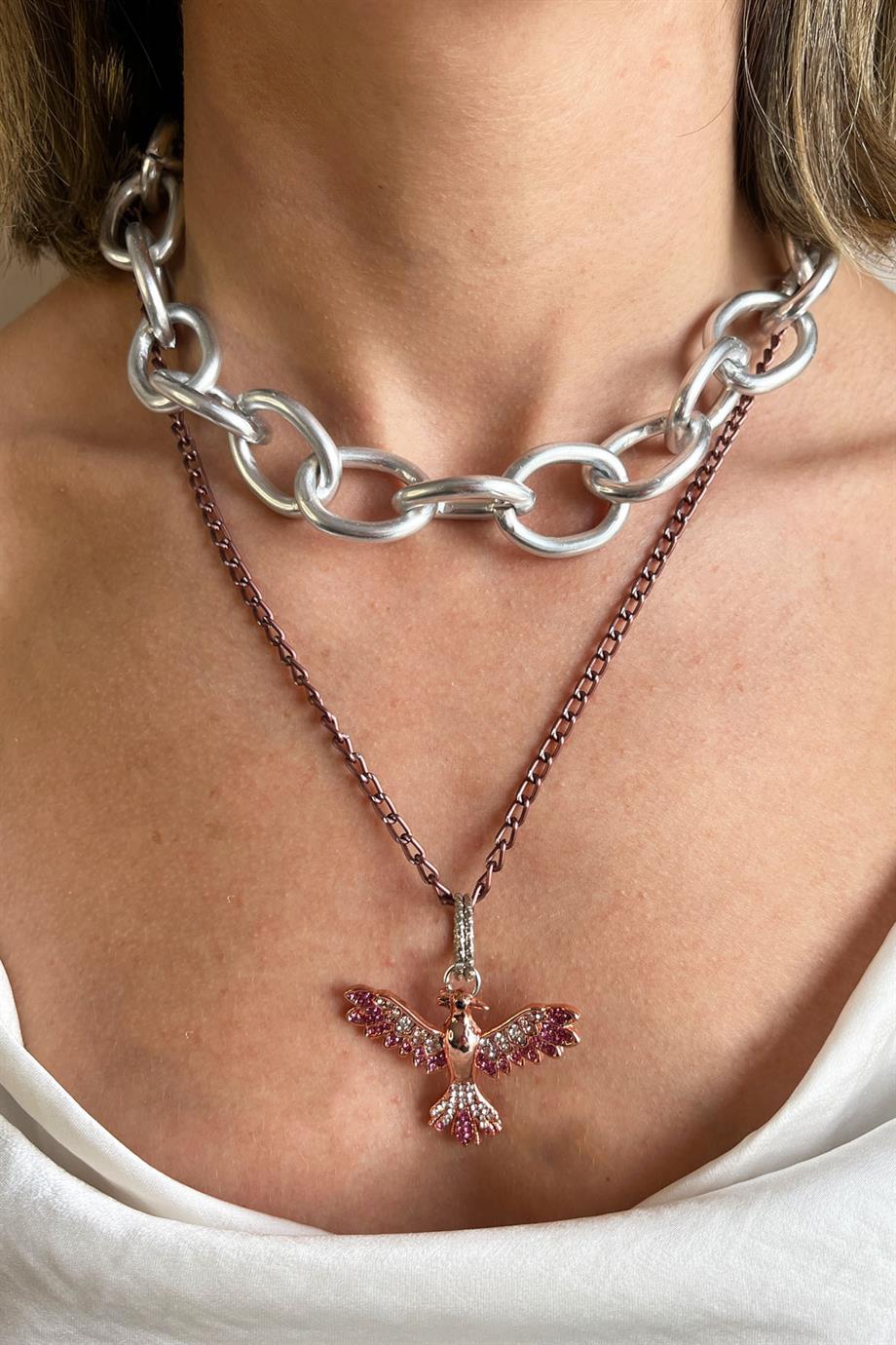 Bordo Anka Detaylı İkili Zincir Kolye