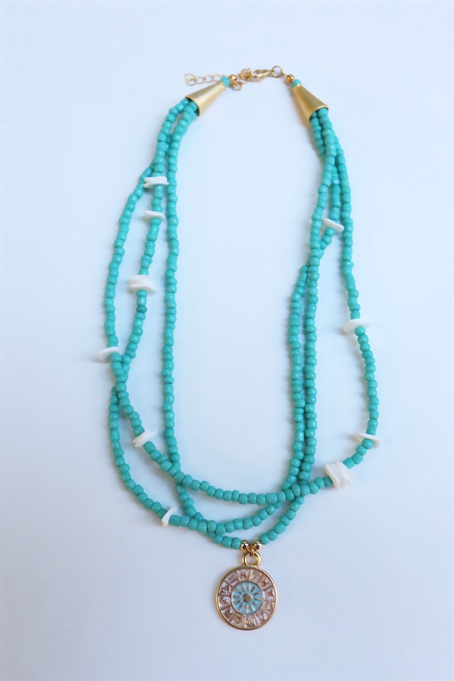 Zodiac Medal Ended Turquoise Spiral Bead Necklace