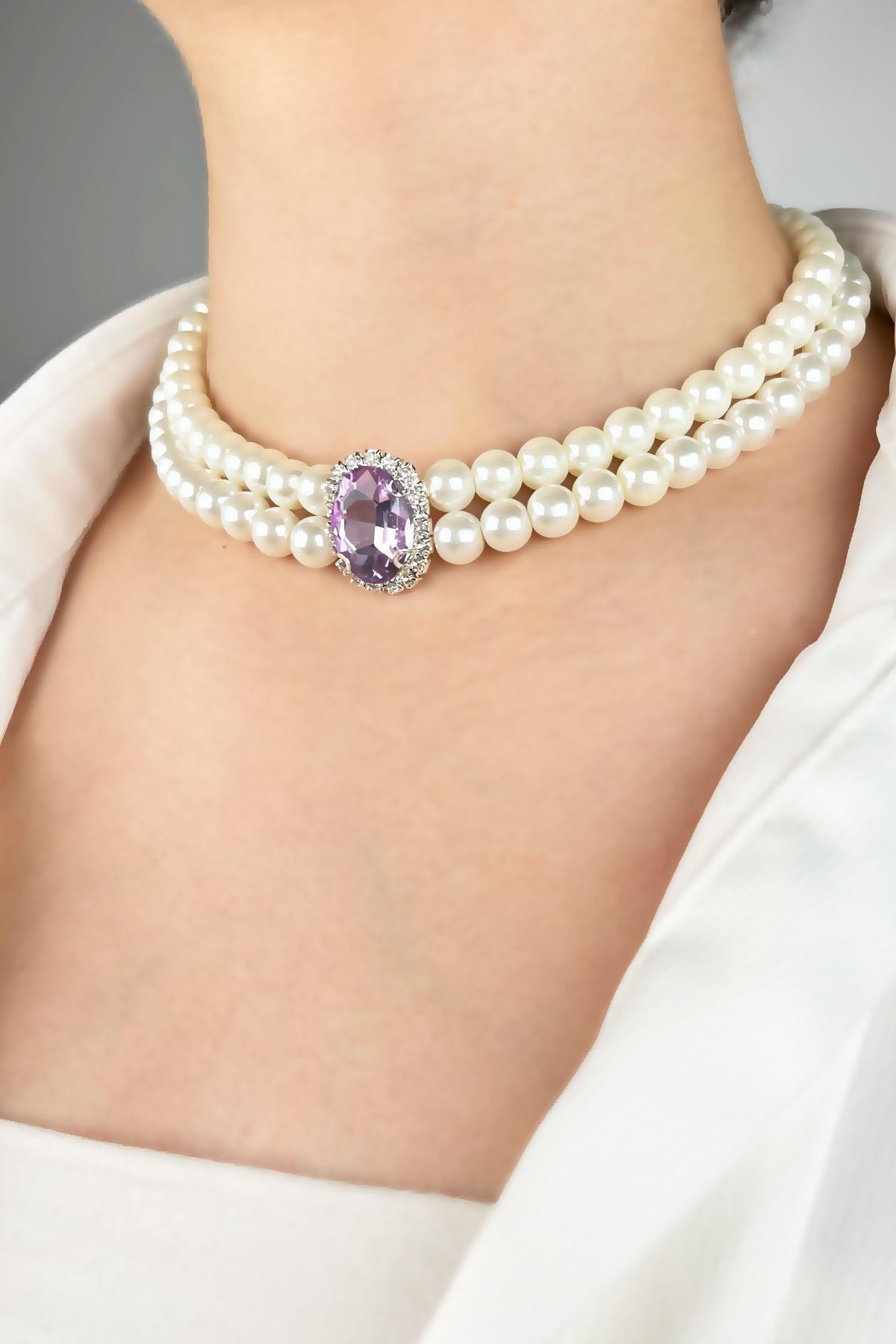 Kristal Uçlu İnci Choker Kolye  - Mor