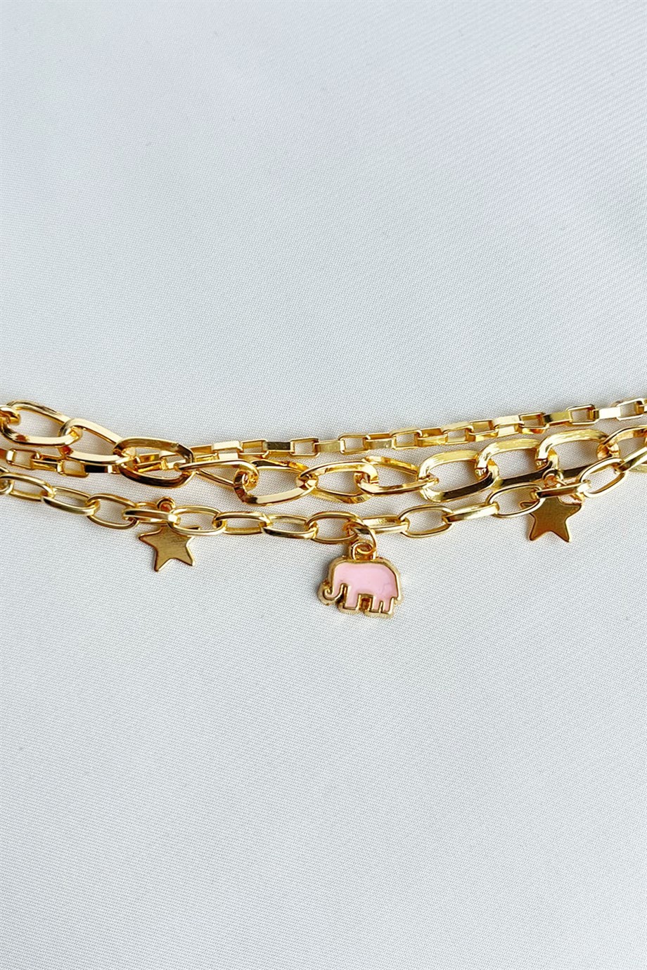 Pink Elephant Detail Triple Gold Bracelet