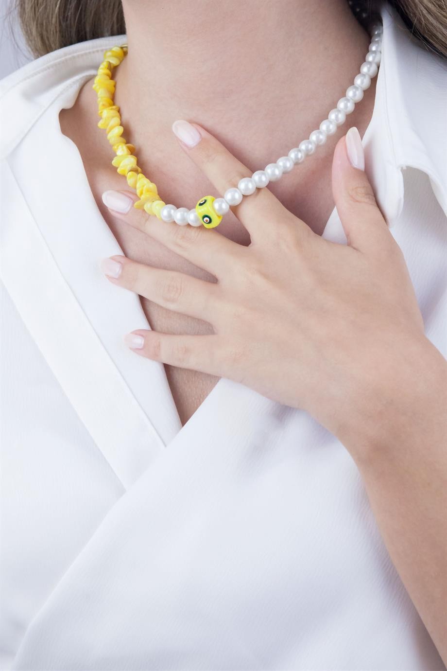 Orange Medal Tipped Natural Stone and Pearl Necklace