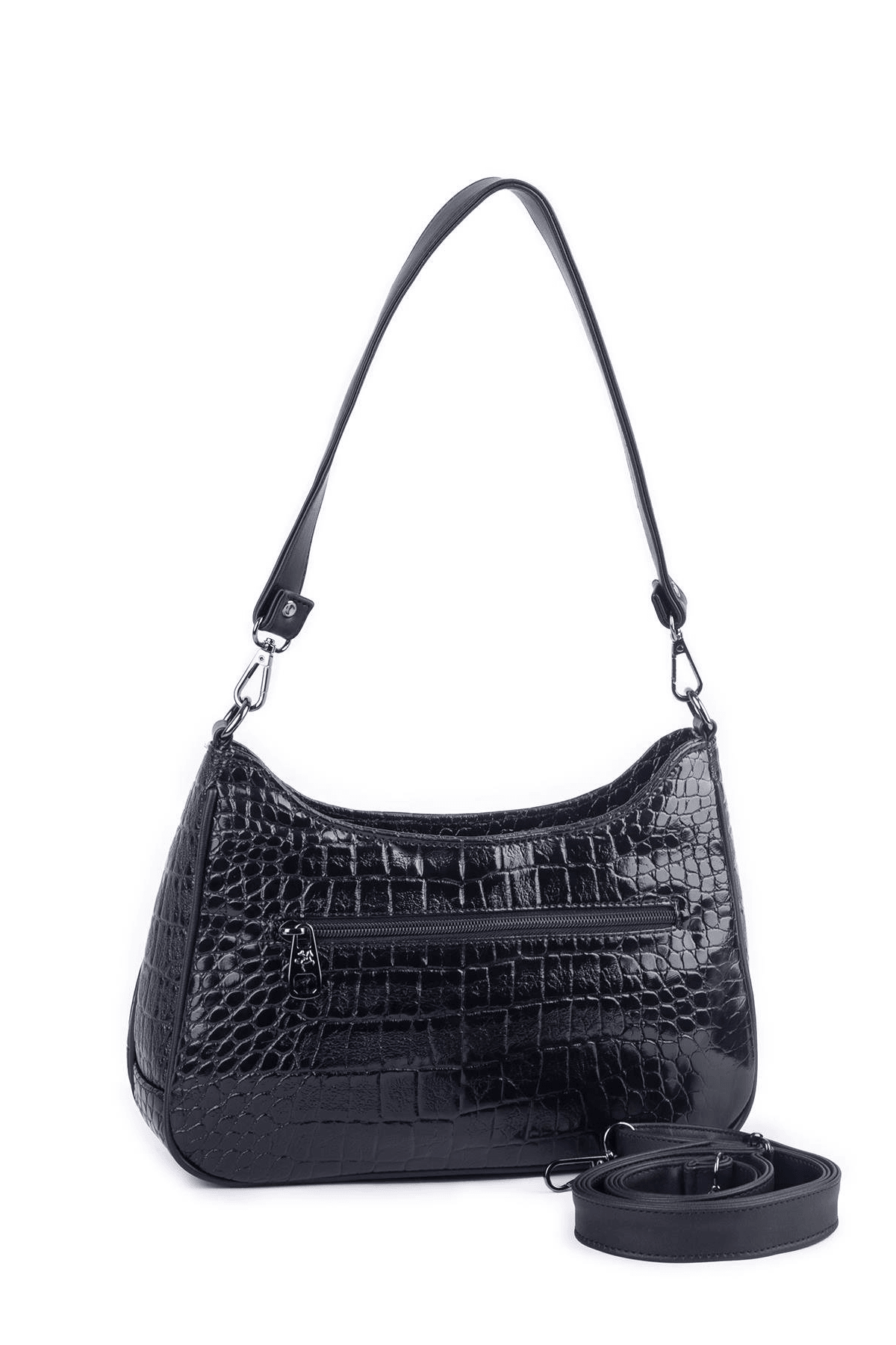 Nas Bag Kadın Omuz ve Çapraz Baget Çanta - Siyah Kroko (28x17 cm)