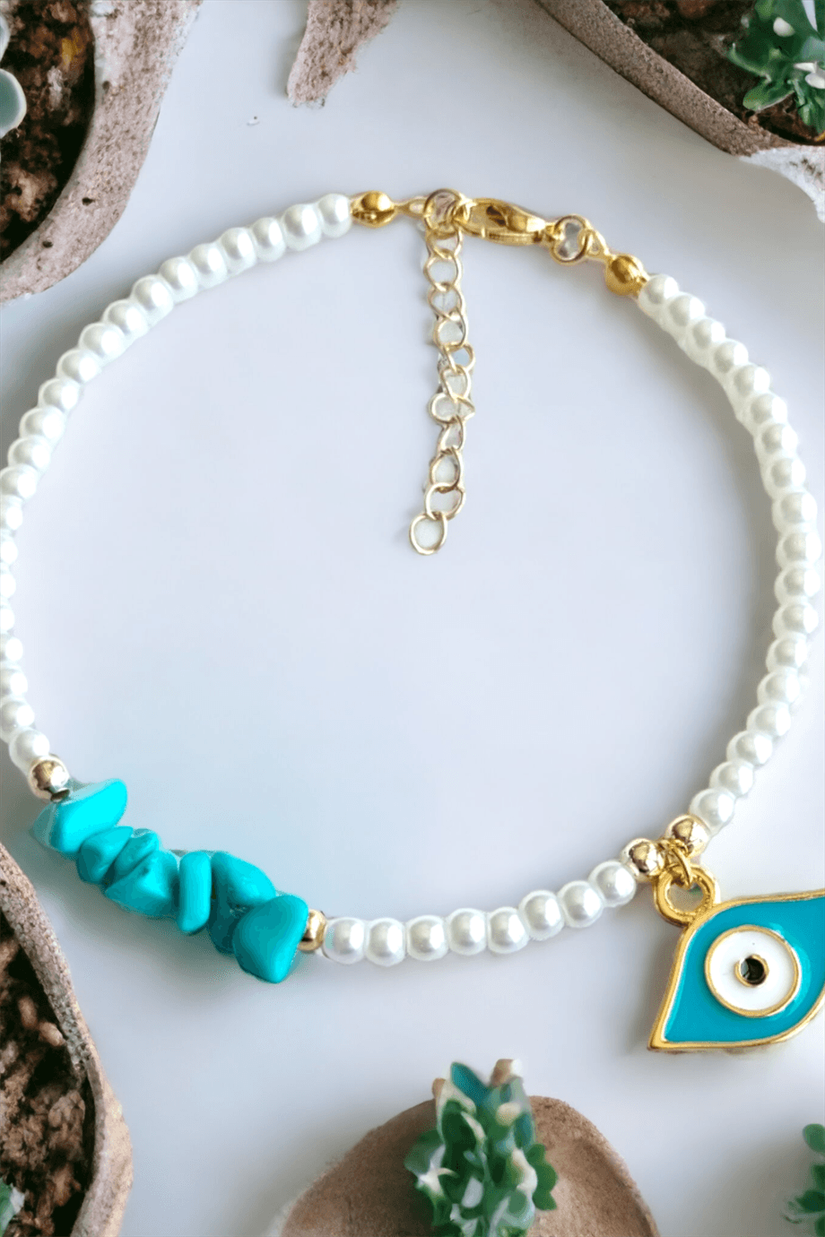 Turquoise Eye Detailed Broken Natural Stone Anklet