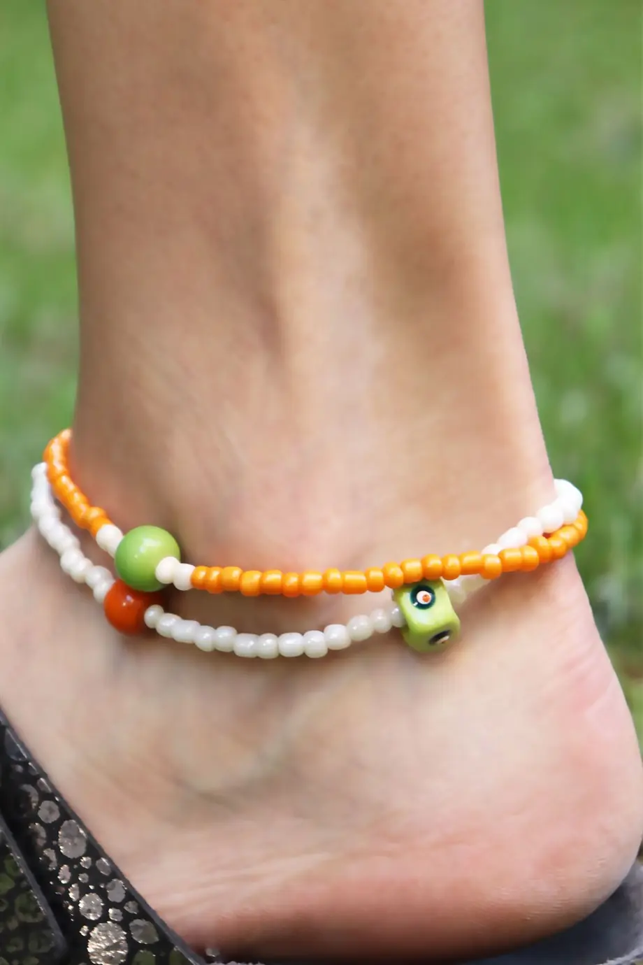 Green Evil Eye Bead Double Bead Anklet Buy Handmade Jewelry SOSE - Main Image