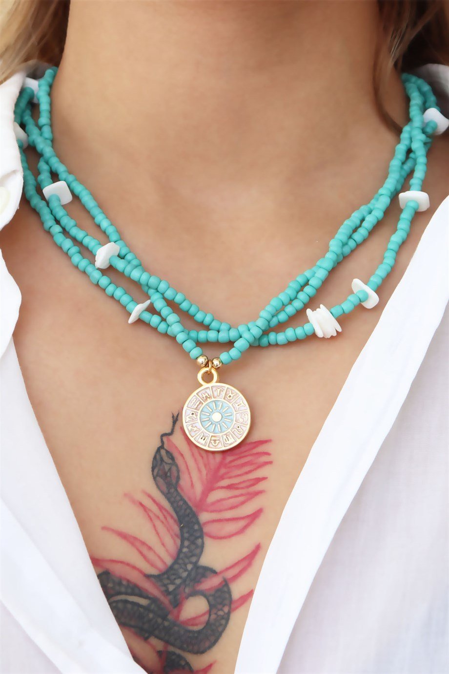 Zodiac Medal Ended Turquoise Spiral Bead Necklace