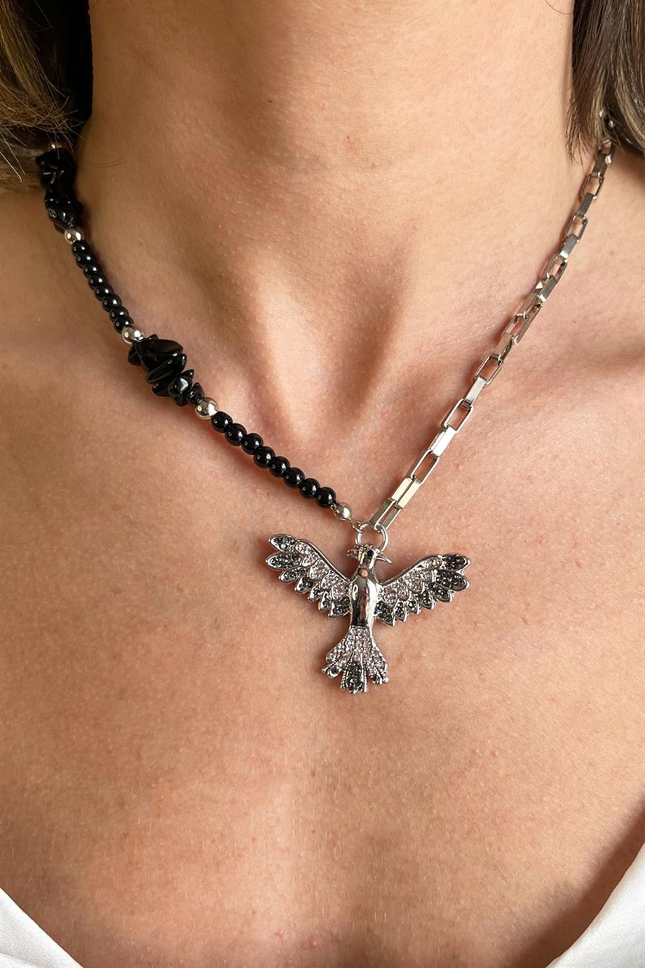 Gri Anka Detaylı Doğal Kırık Taşlı Kolye