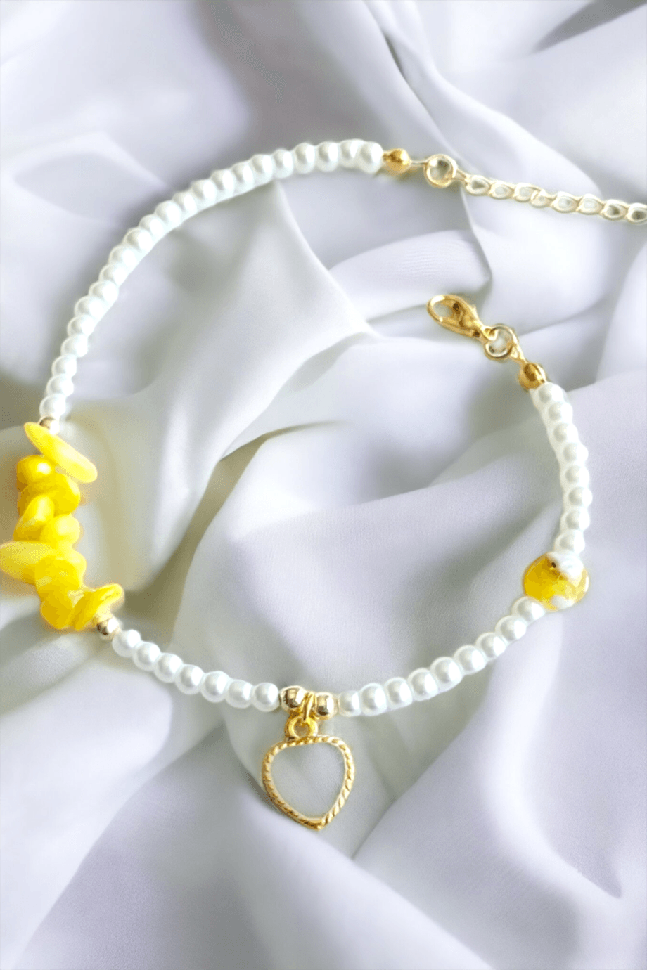 White Heart Detail Yellow Broken Natural Stone Anklet
