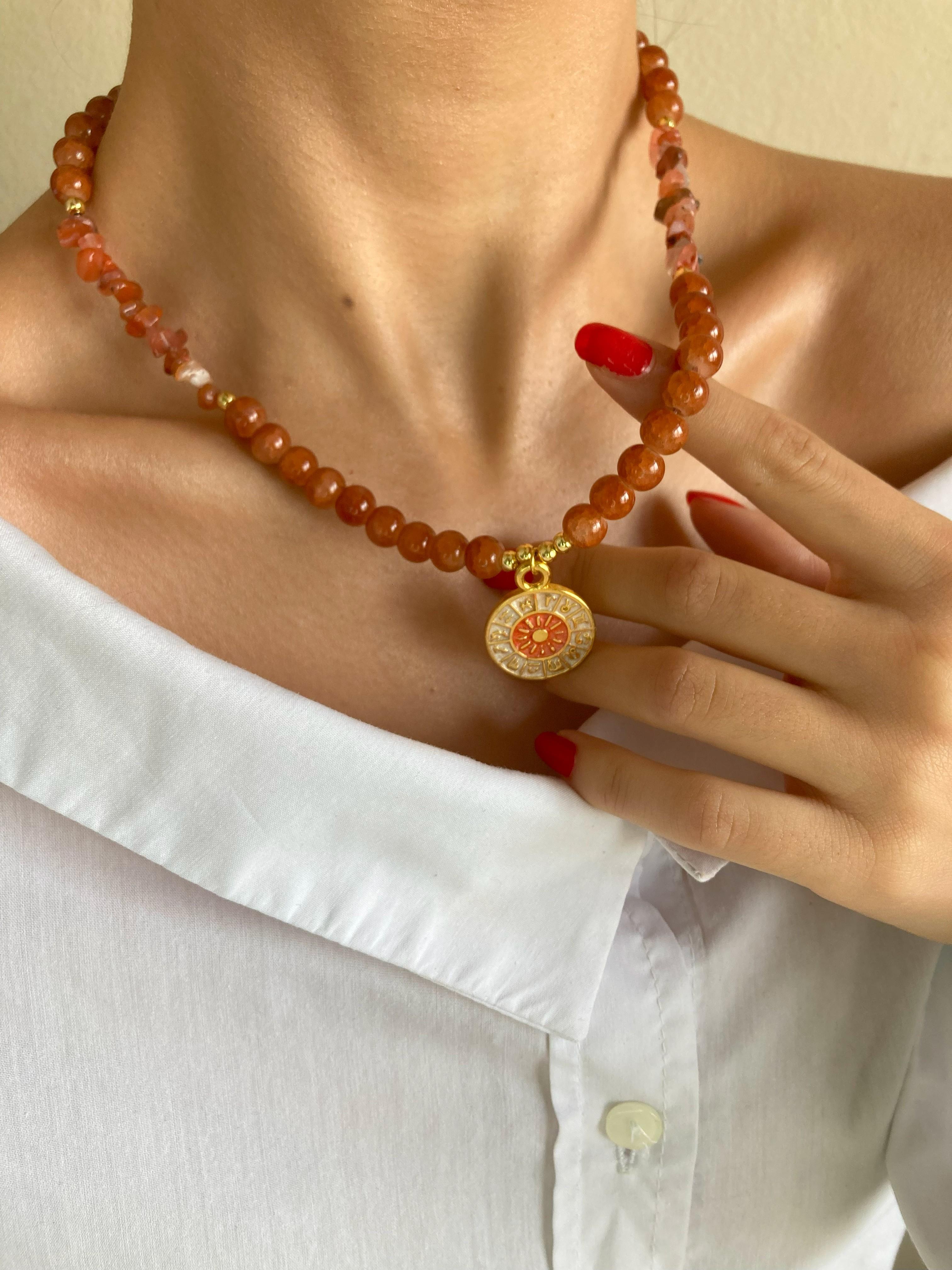 Burç Madalyon Uçlu Kristal Cam Boncuk Doğal Taş Kolye - Turuncu