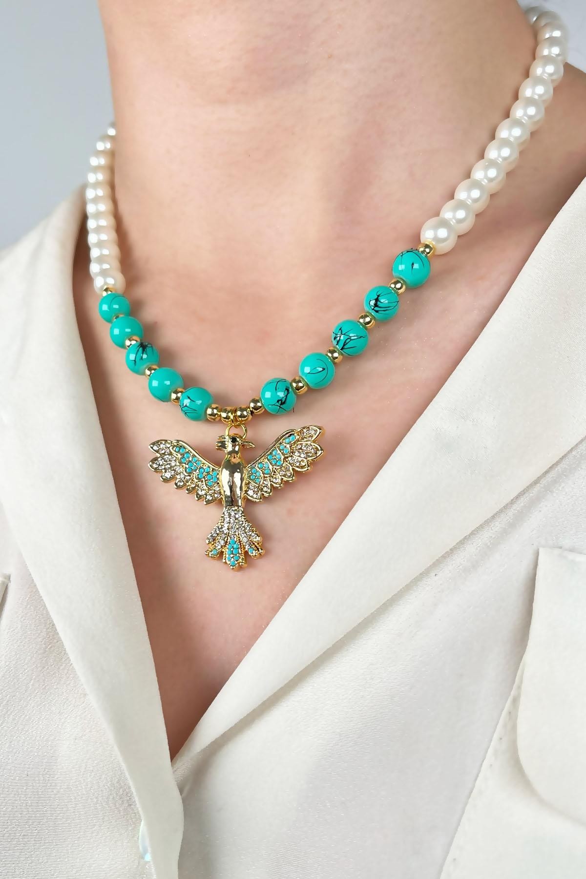 Phoenix Bird End Pearl and Bead Necklace - Turquoise