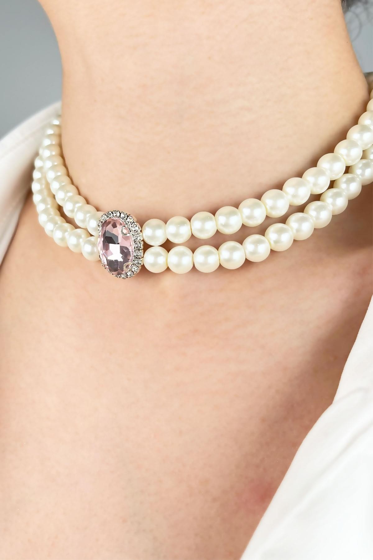 Kristal Uçlu İnci Choker Kolye  - Pembe
