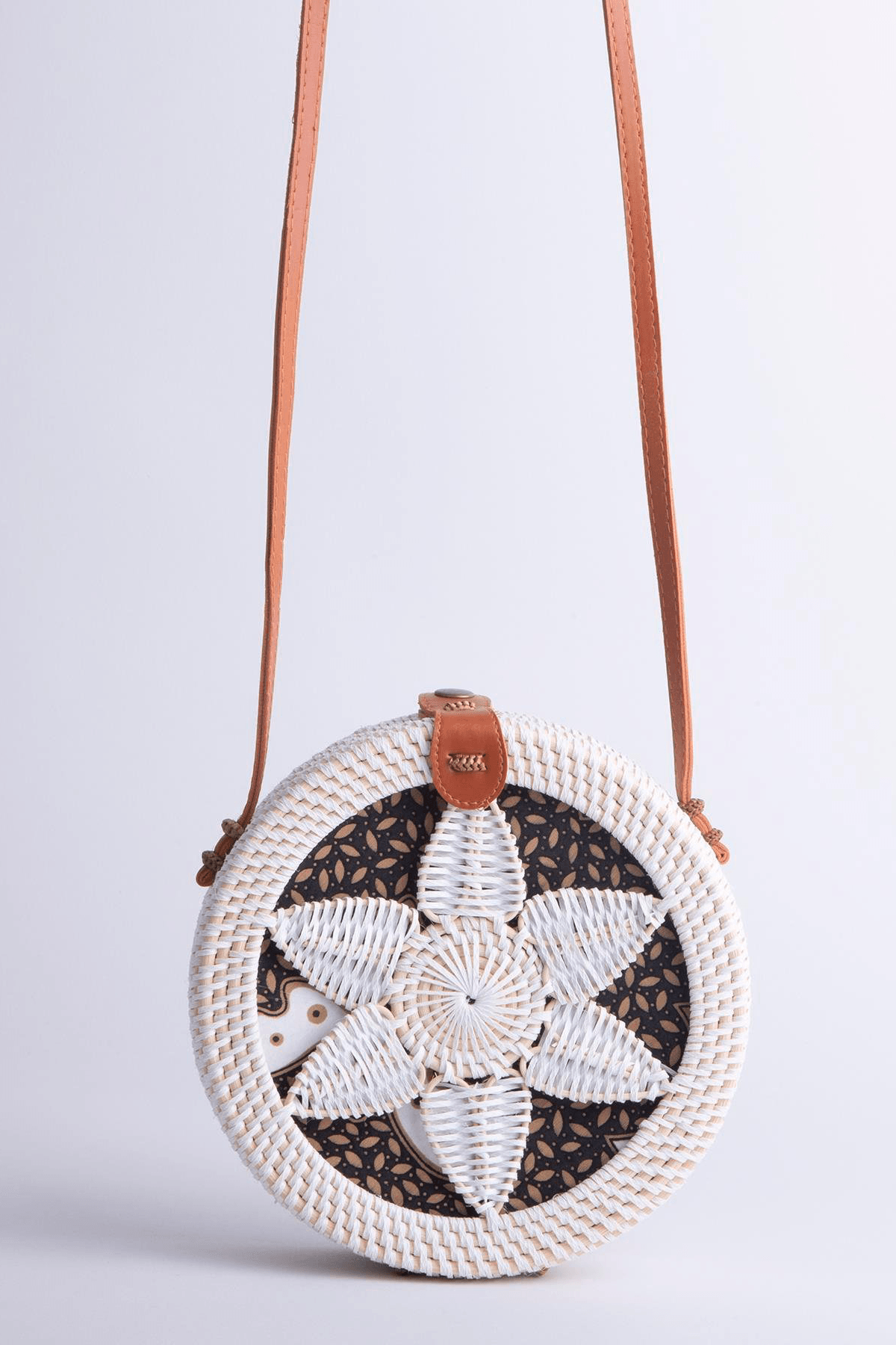 Nas Bag Women’s Round Genuine Straw Bag with Leather Strap Detail - White