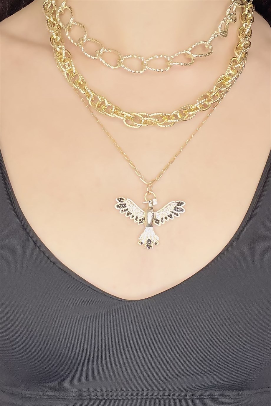 Zircon Stone Multiple Gold Phoenix Necklace
