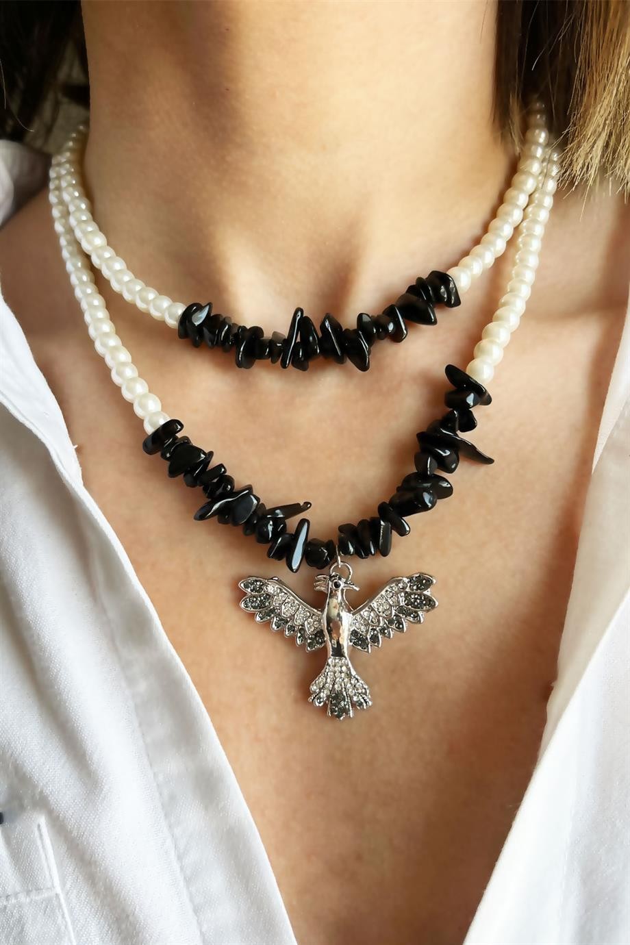 Black Crushed Natural Stone Grey Anka Detail Double Pearl Necklace