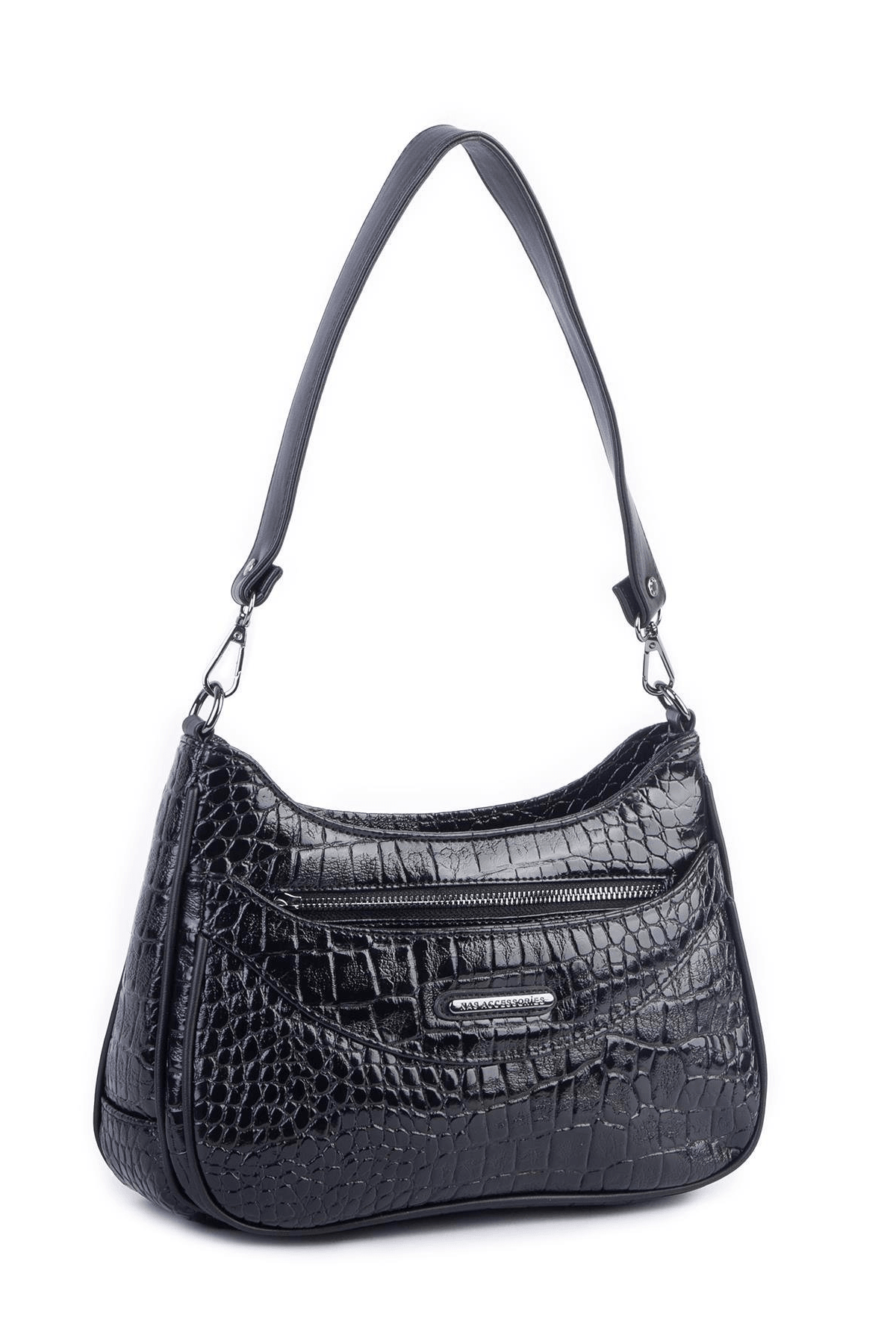 Nas Bag Kadın Omuz ve Çapraz Baget Çanta - Siyah Kroko (28x17 cm)