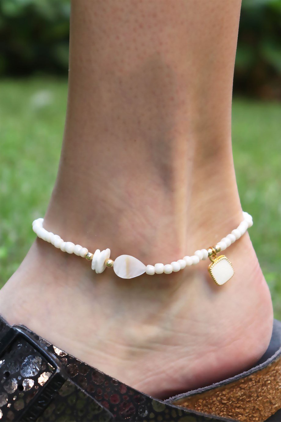 White Bone Stone White Bead Anklet