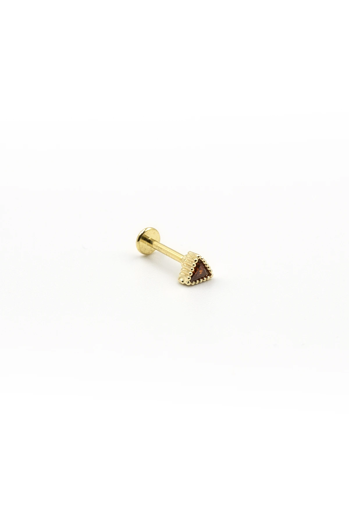 Kahve Zirkon Taşlı Üçgen Tragus Piercing – Gold, Anti Alerjik, Çelik Barlı, 8 mm