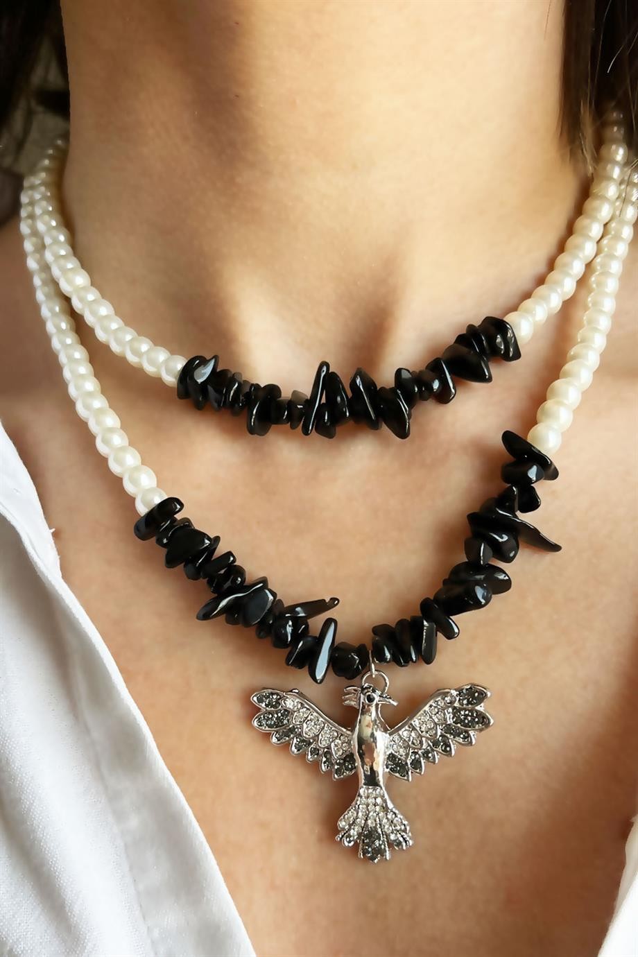 Black Crushed Natural Stone Grey Anka Detail Double Pearl Necklace