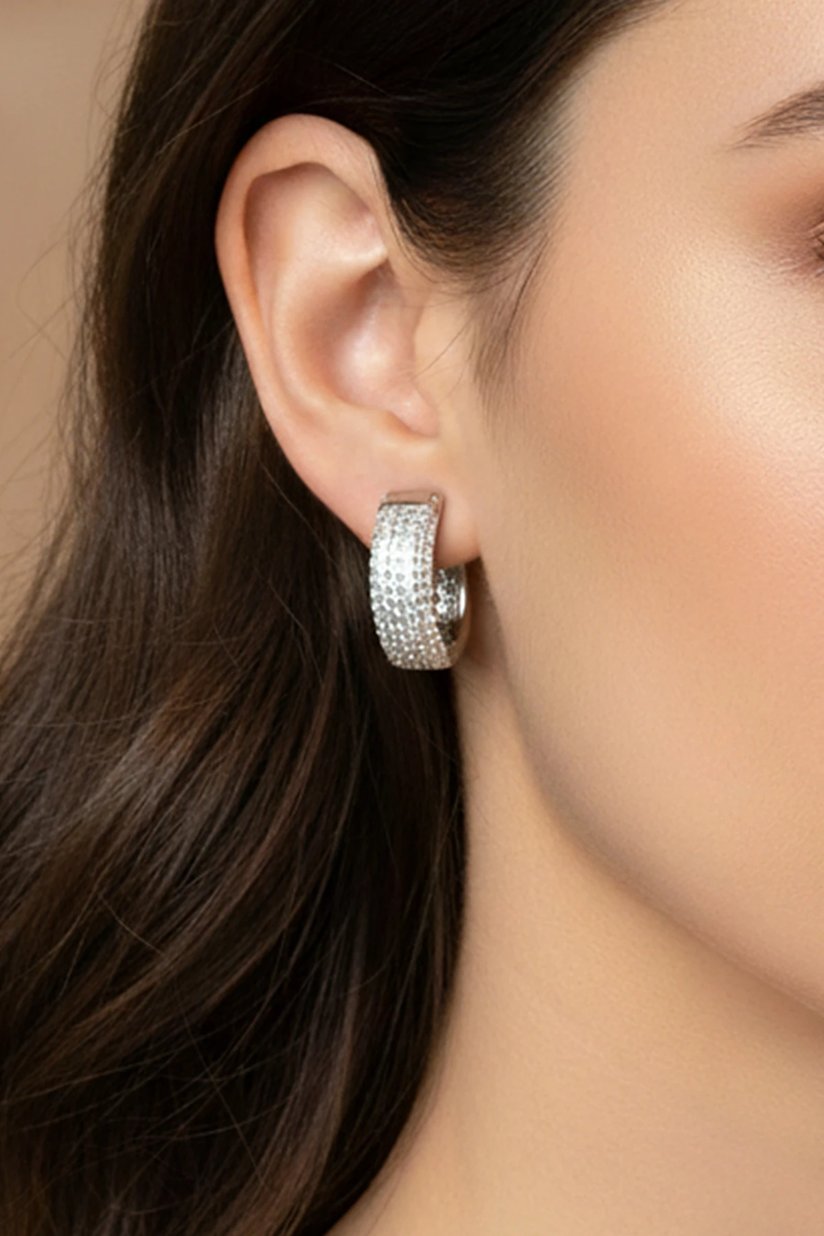 Zirkon Taşlı Xuping Halka Küpe - Gümüş Renk Anti Alerjik Küpe