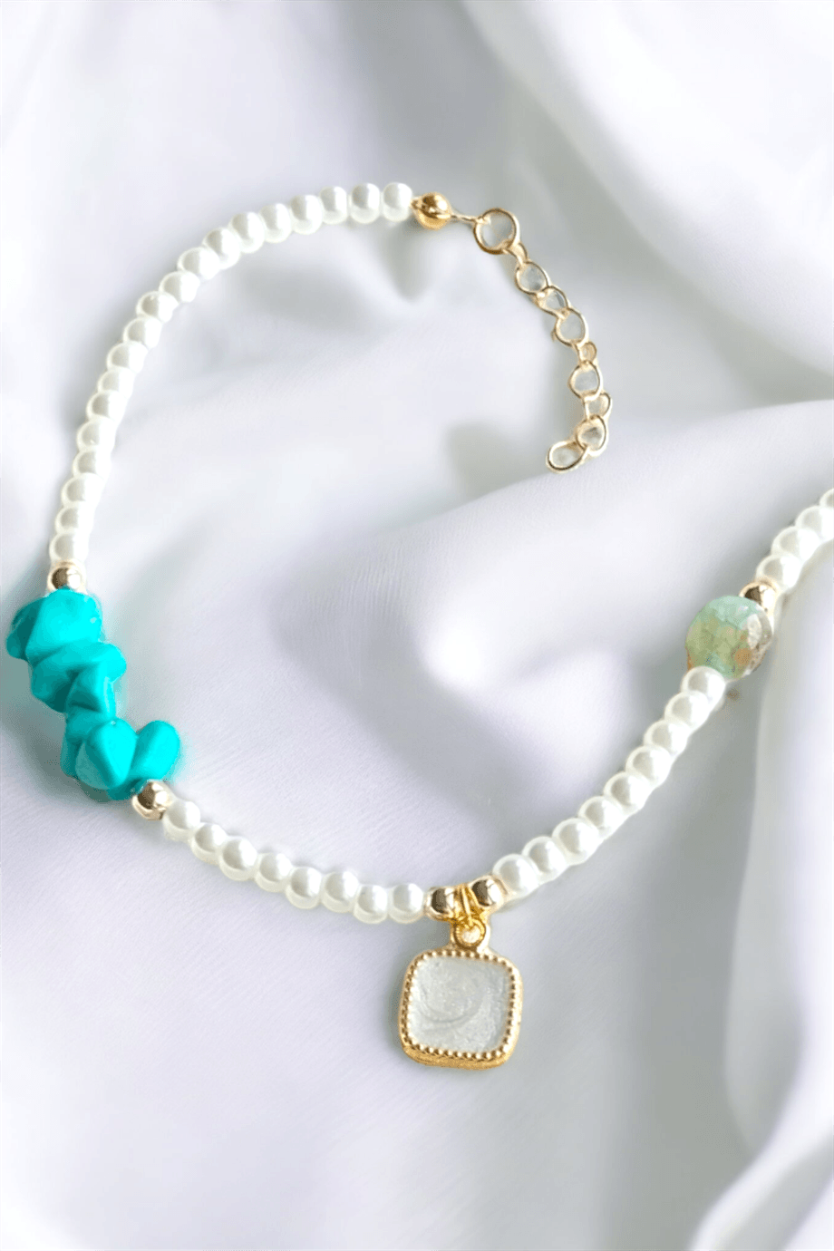White Stone Detail Turquoise Broken Stone Anklet