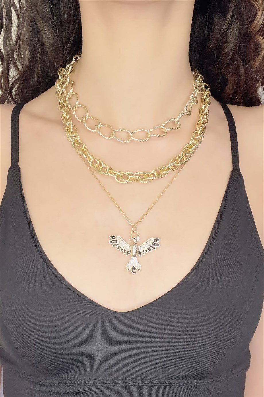 Zircon Stone Multiple Gold Phoenix Necklace