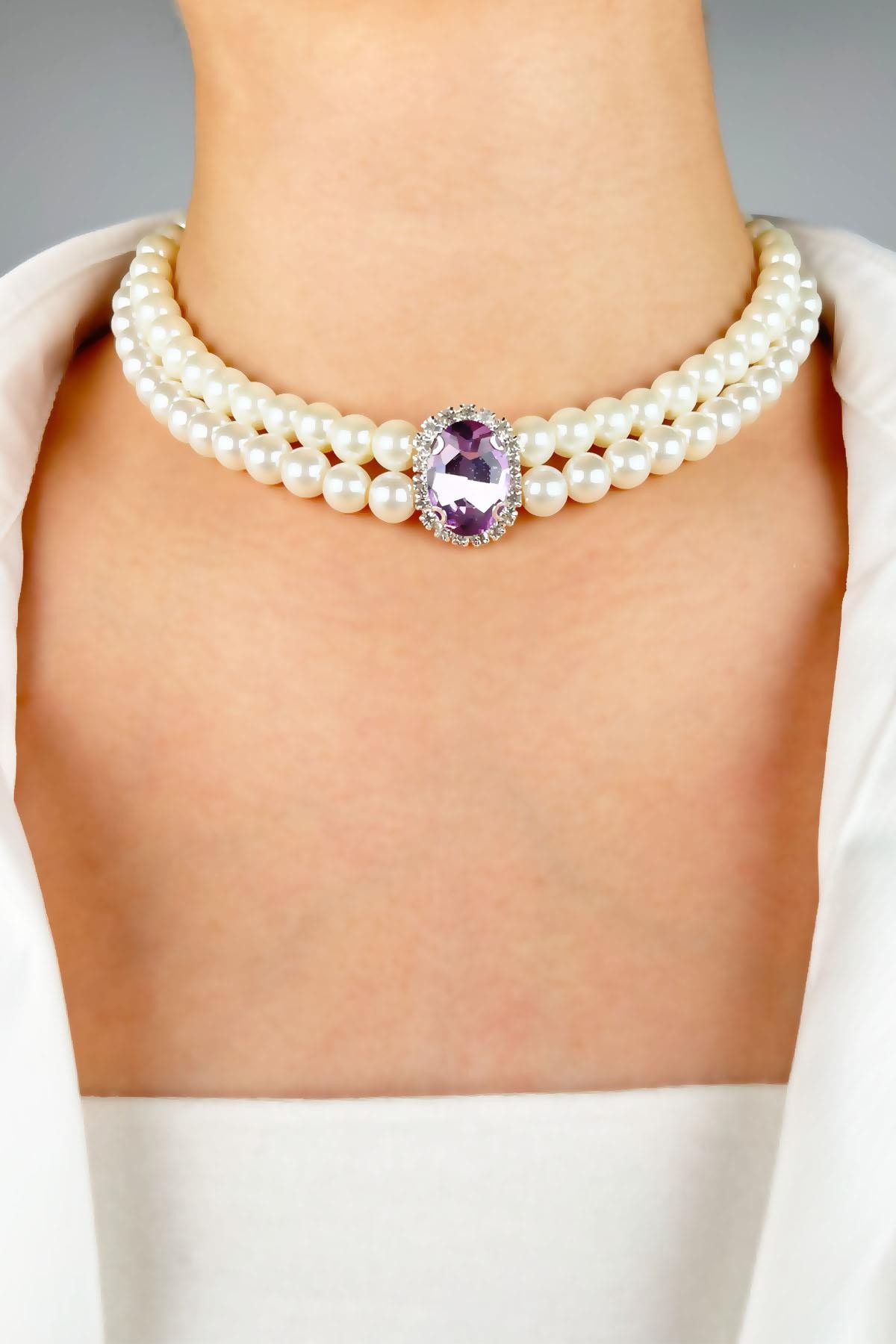 Kristal Uçlu İnci Choker Kolye  - Mor