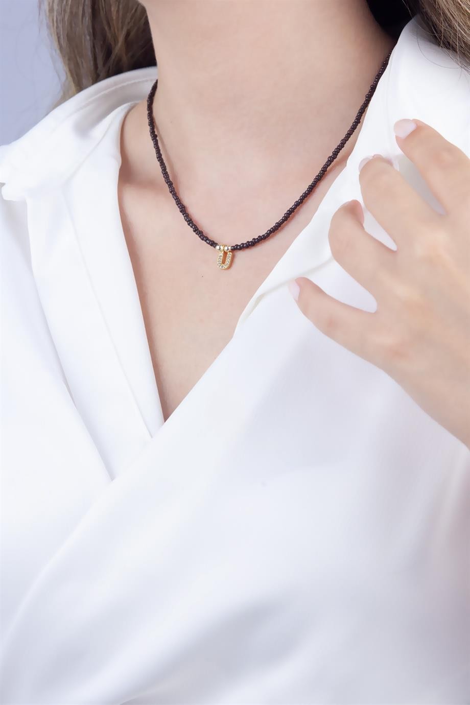 U Letter Brown Bead Design Necklace