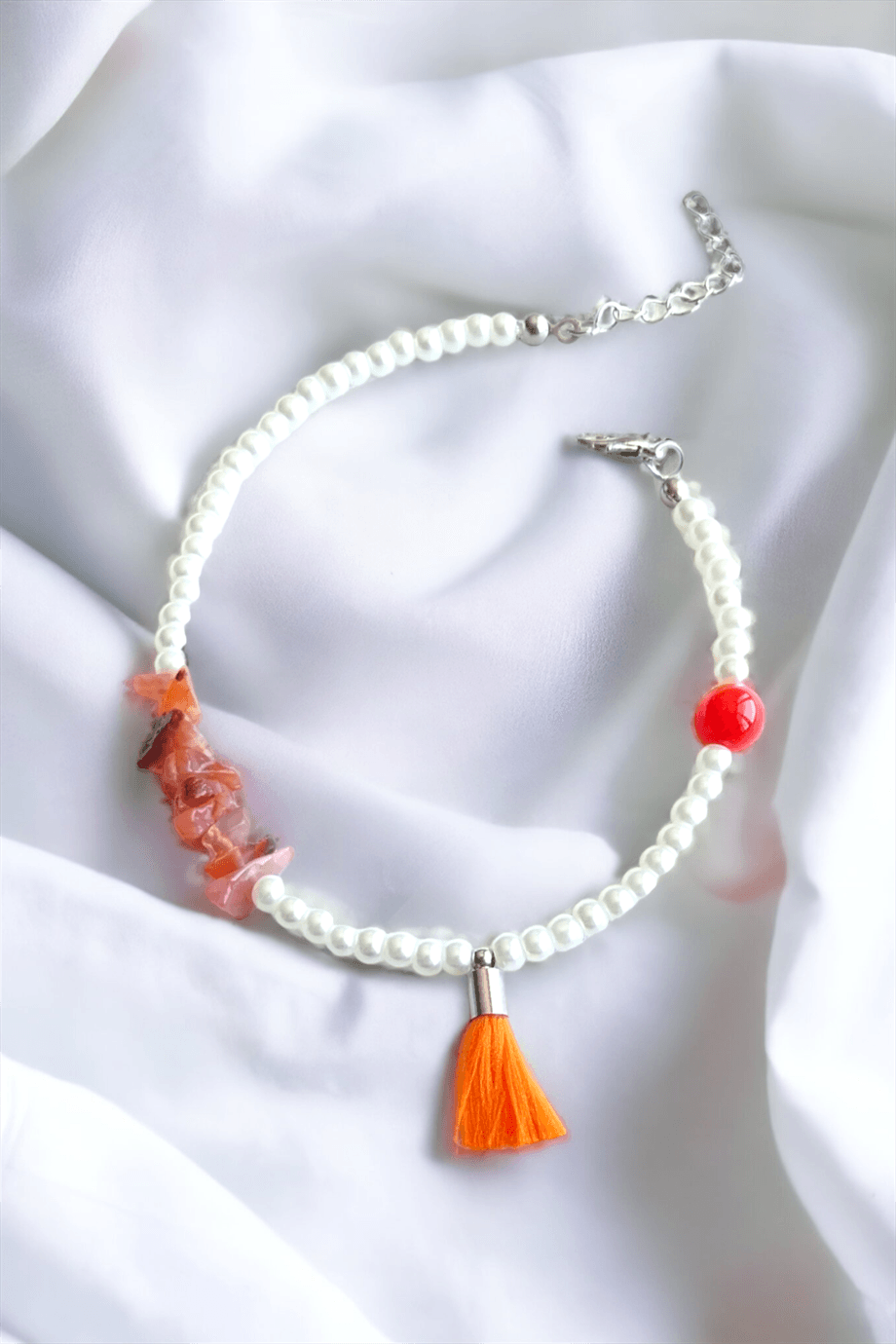 Orange Tassel Detailed Natural Broken Stone Anklet