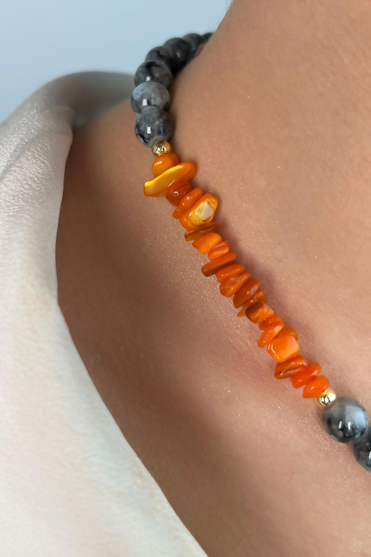 Zodiac Medal Ended Broken Natural Stone Bead Necklace - Orange