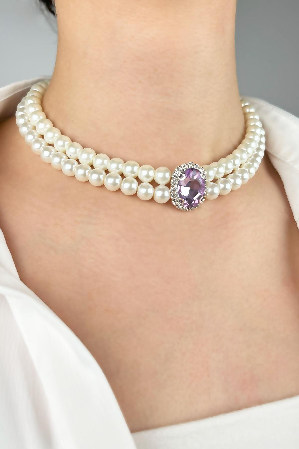 Kristal Uçlu İnci Choker Kolye  - Mor