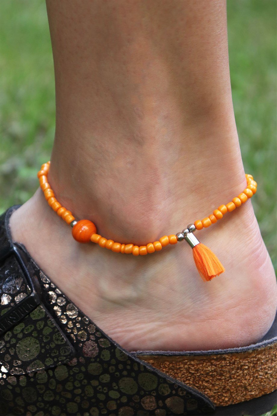 Orange Tassel Detailed Bead Anklet