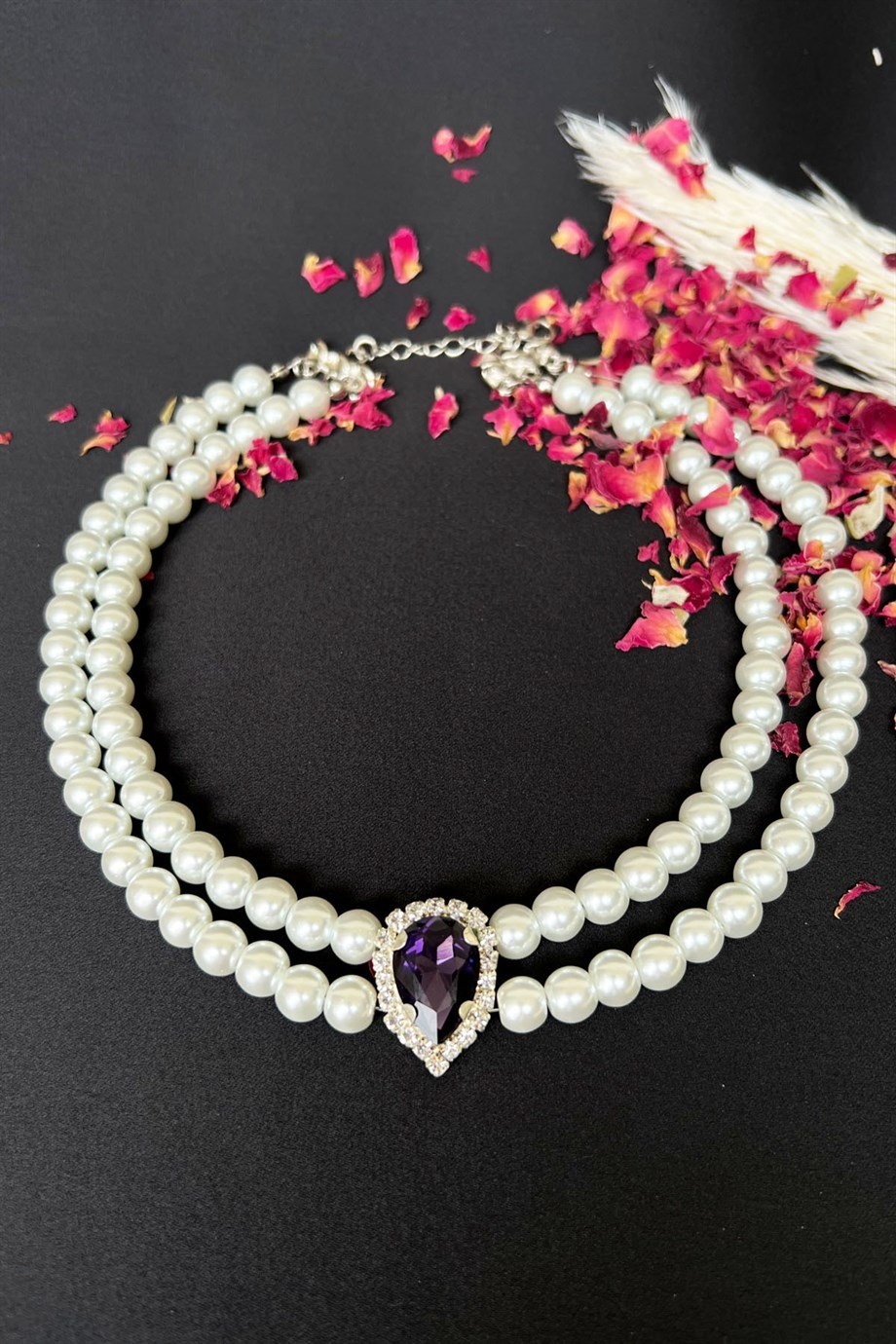 Mor Kristal Uçlu İnci Choker Kolye